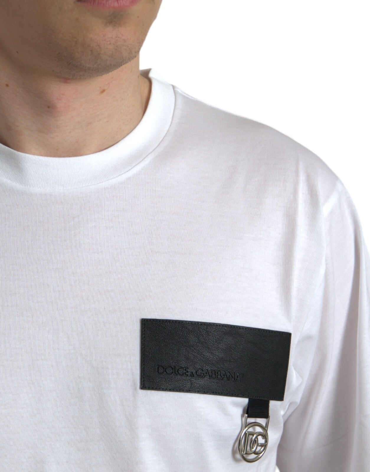 T-shirt en coton à col rond avec patch logo blanc Dolce & Gabbana
