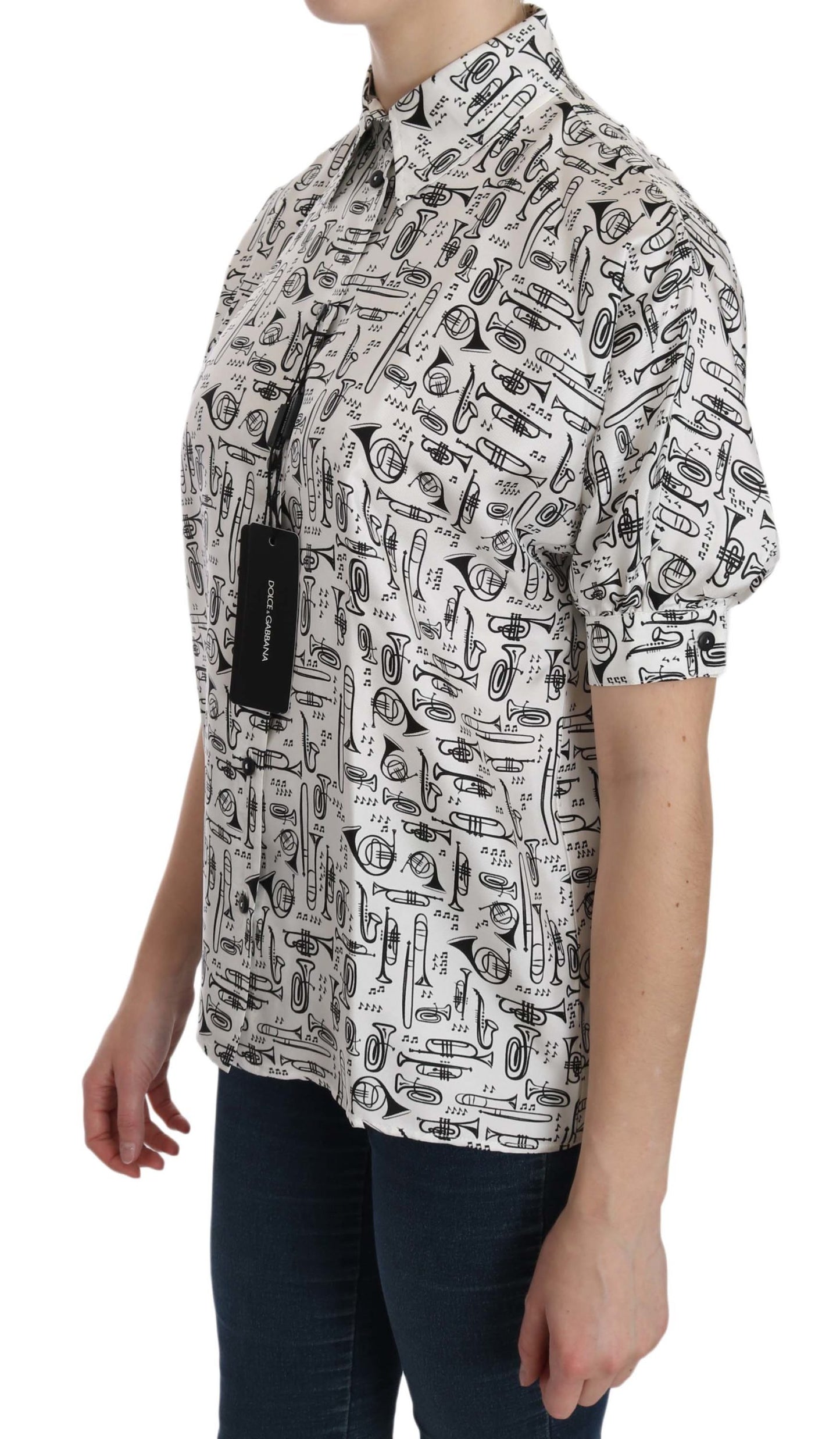 Chemise-blouse blanche à col en forme d'instrument de musique de Dolce & Gabbana
