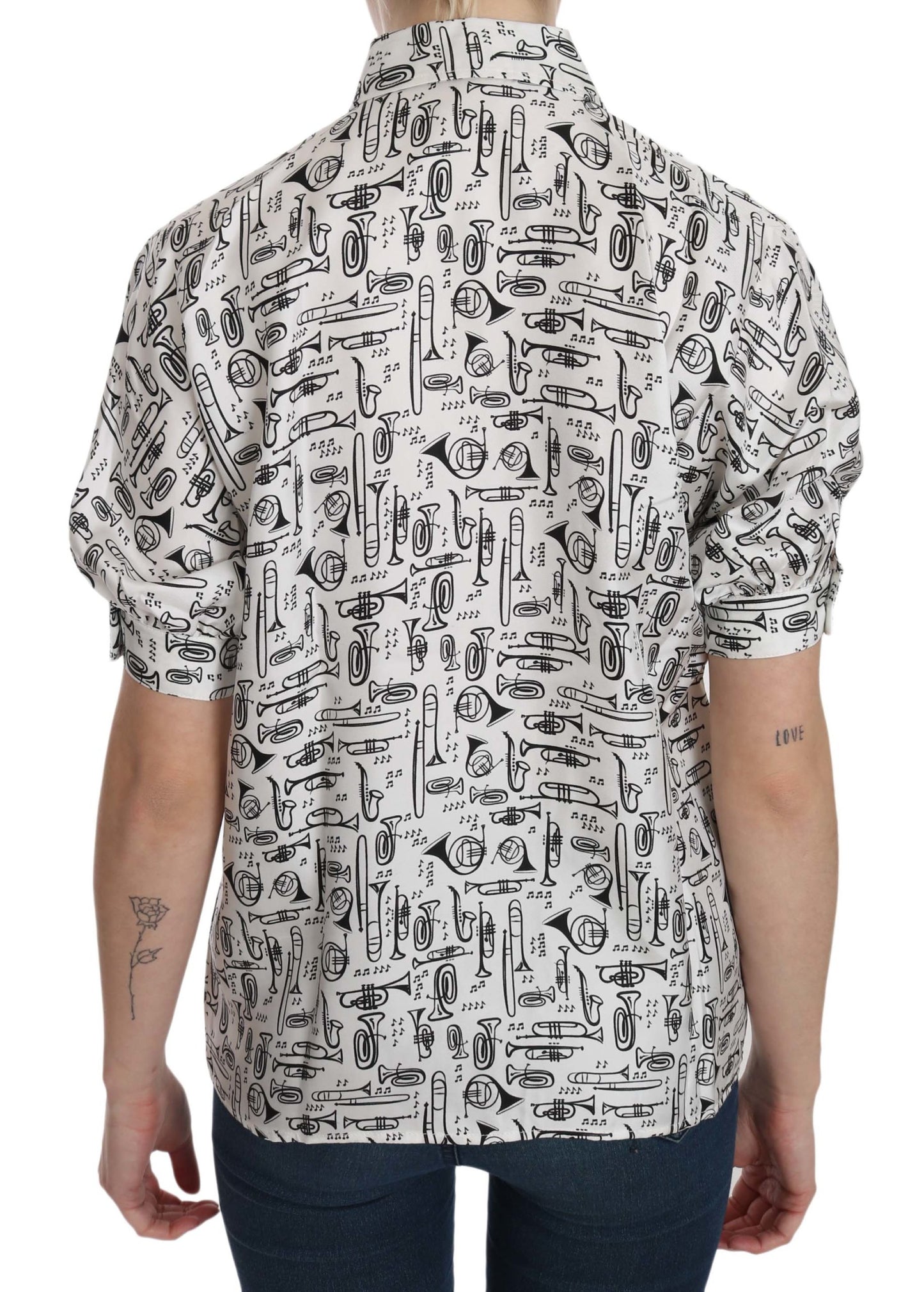 Chemise-blouse blanche à col en forme d'instrument de musique de Dolce & Gabbana