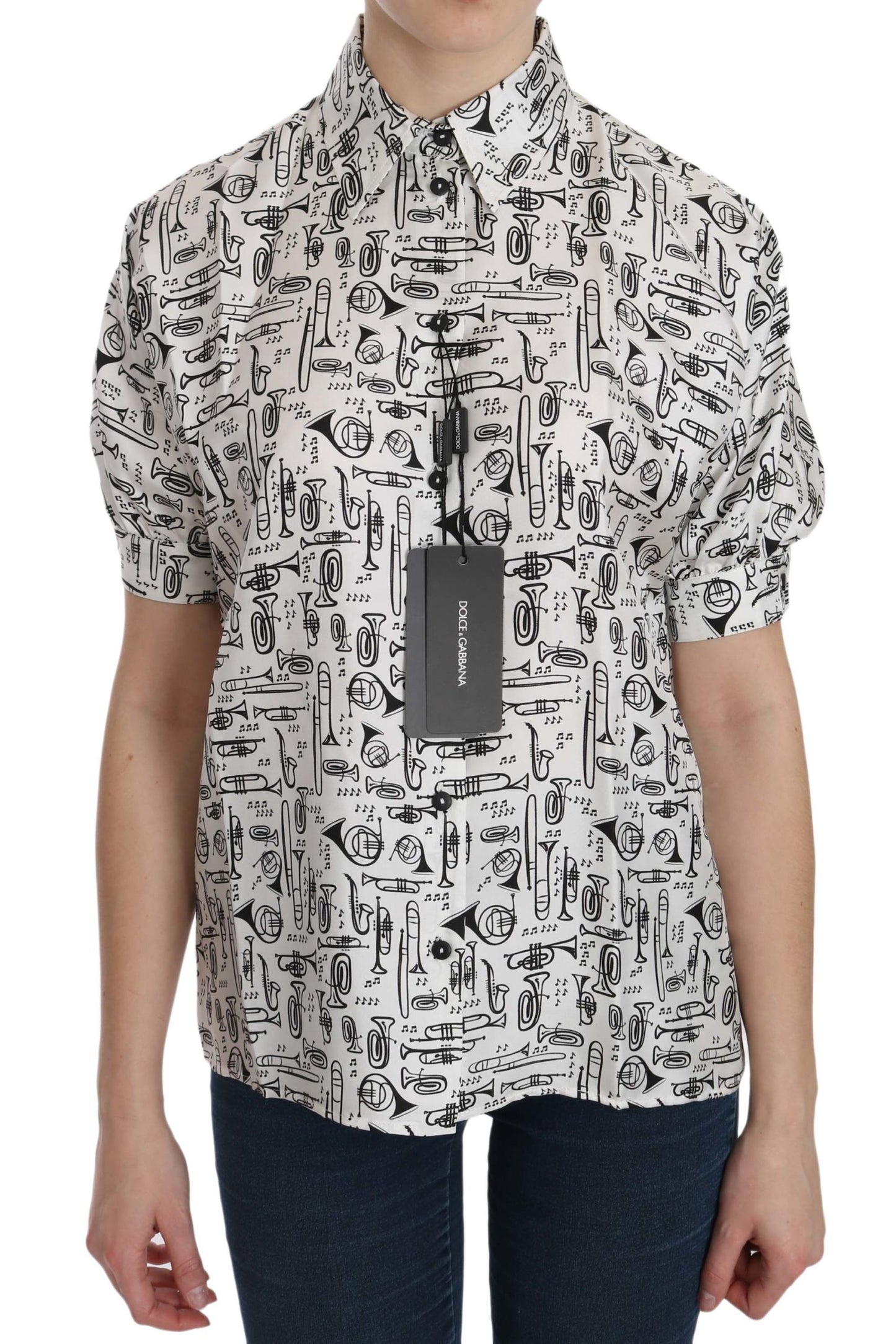 Chemise-blouse blanche à col en forme d'instrument de musique de Dolce & Gabbana