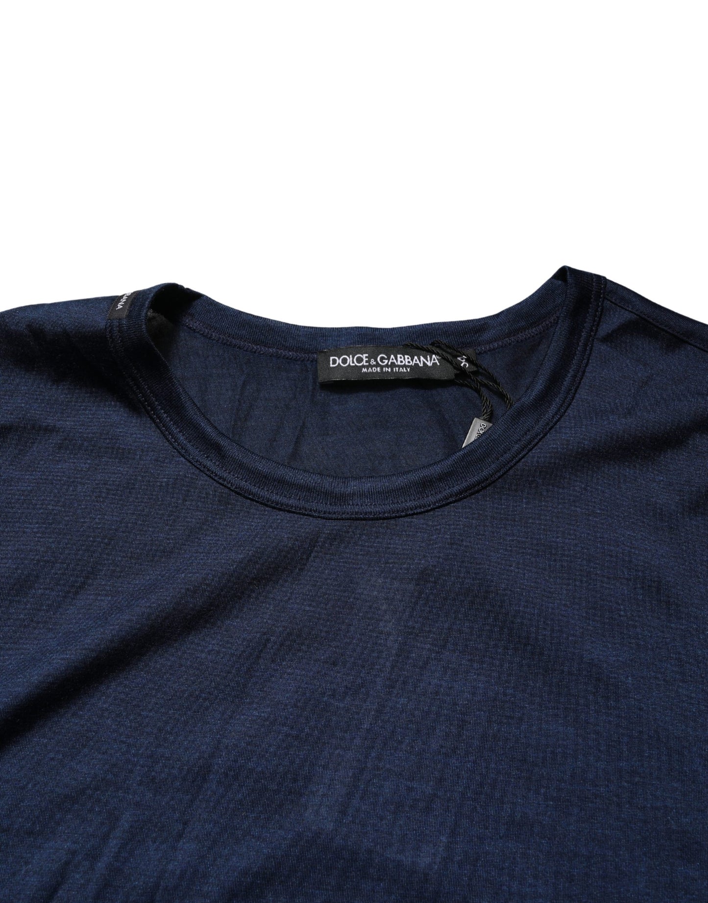 T-shirt Dolce & Gabbana en Soie Bleu Foncé à Manches Courtes et Col Ras du Cou