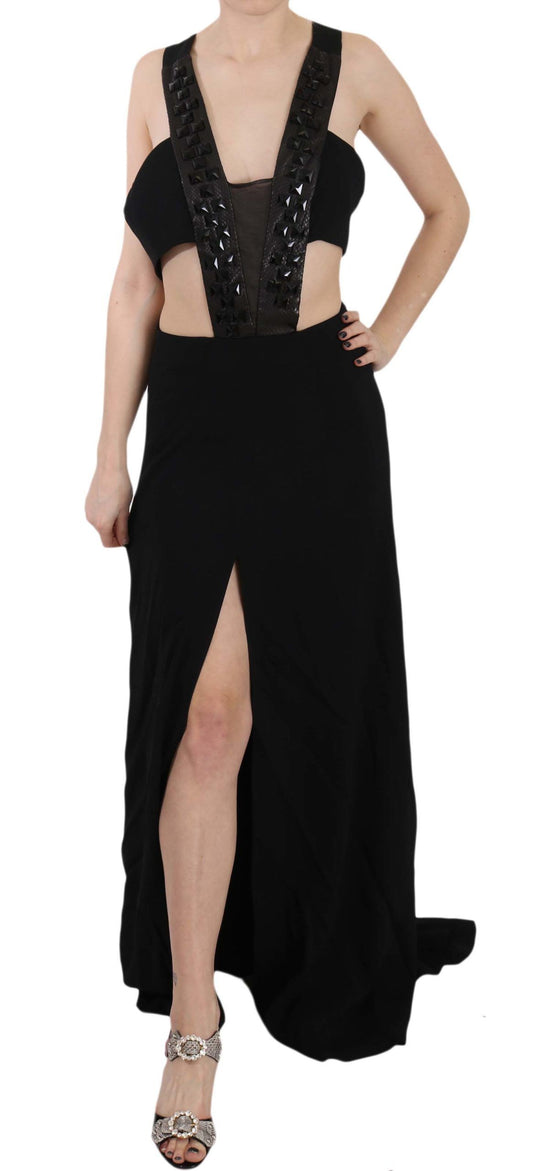 Robe trapèze en cuir noir à cristaux de John Richmond