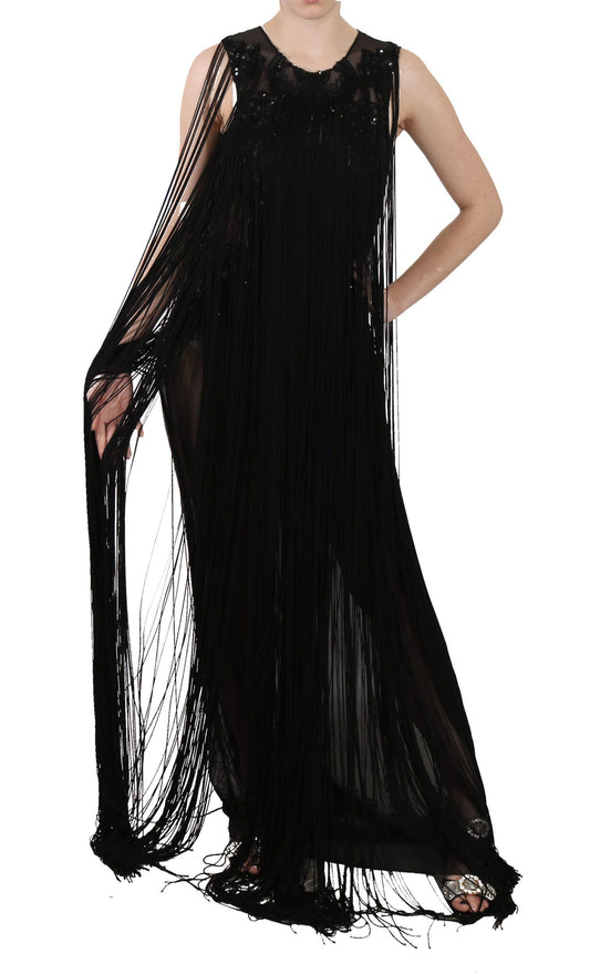 Robe transparente en soie noire brodée de paillettes et de perles de John Richmond