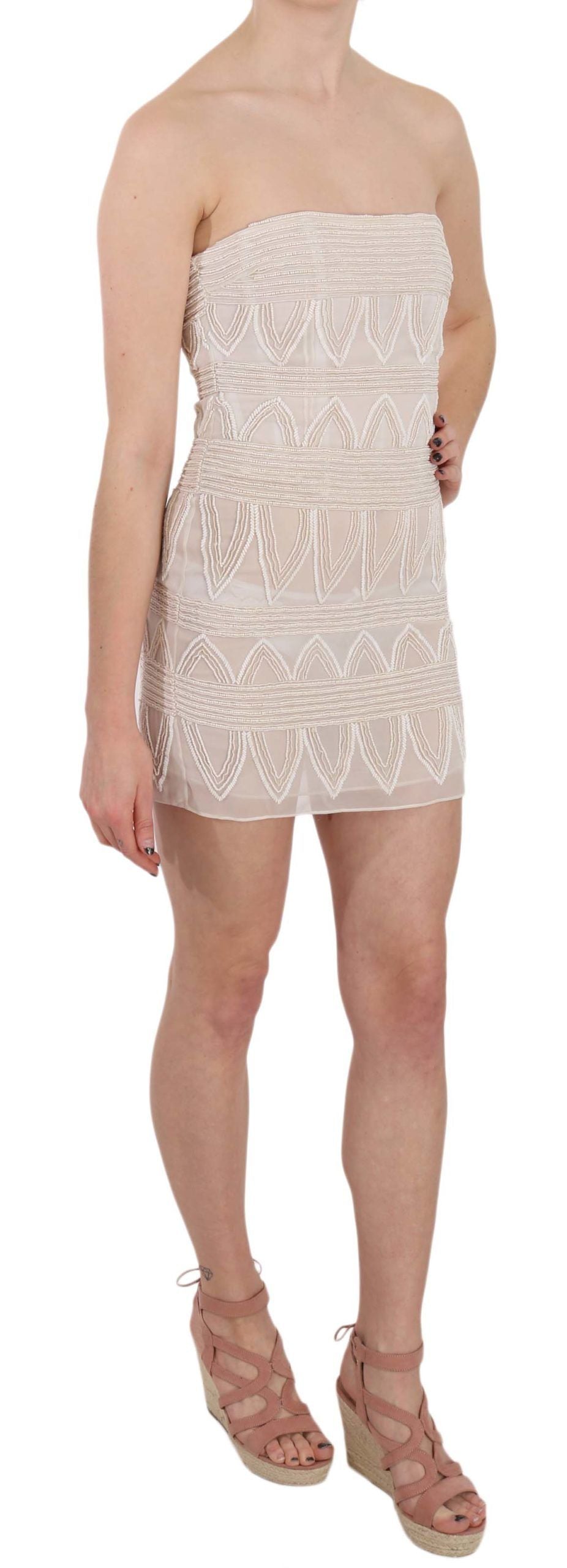 Robe mini-robe courte en soie beige brodée de perles de John Richmond