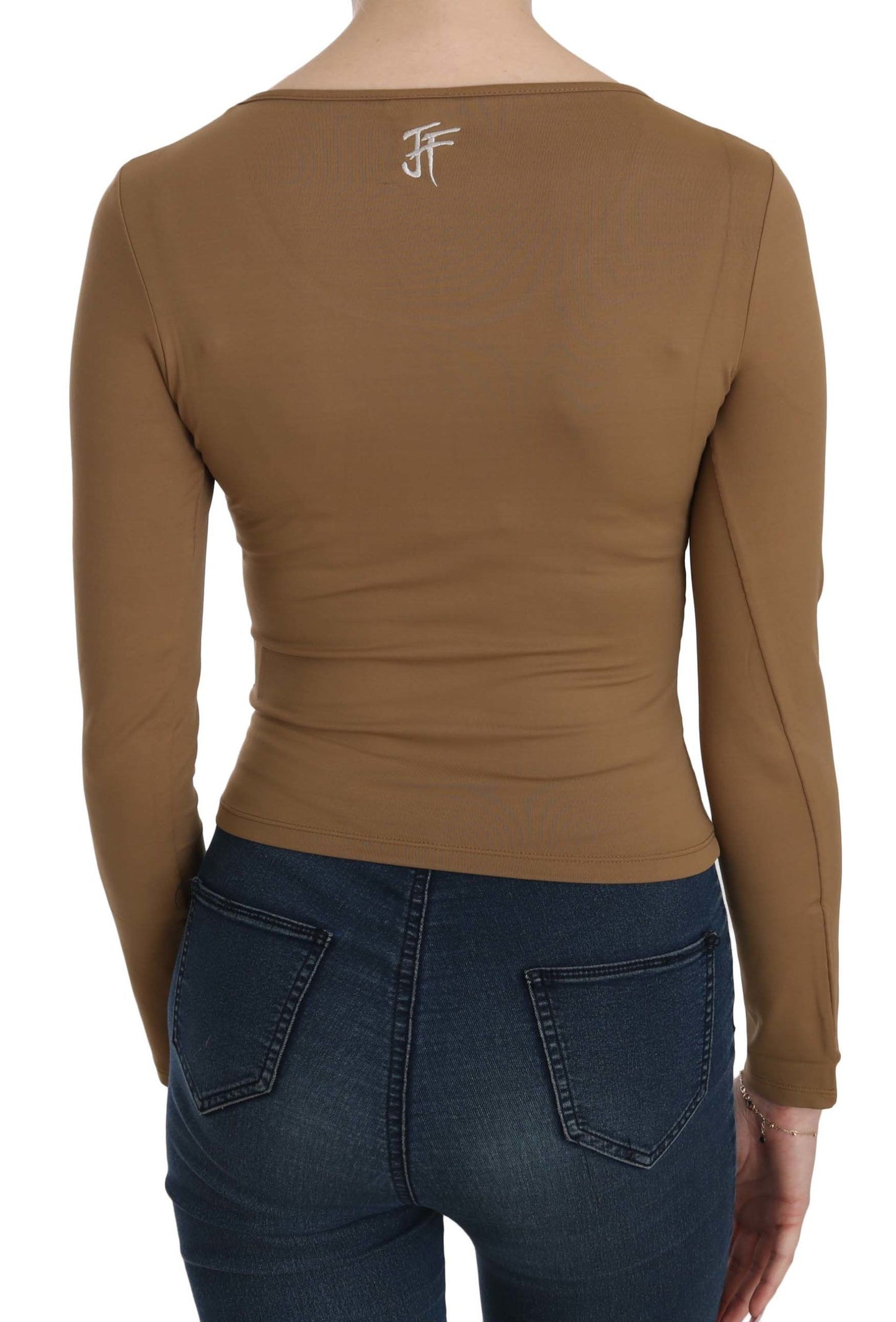 Blouse, chemisier, haut, top moulant à manches longues et col rond brun GF Ferre