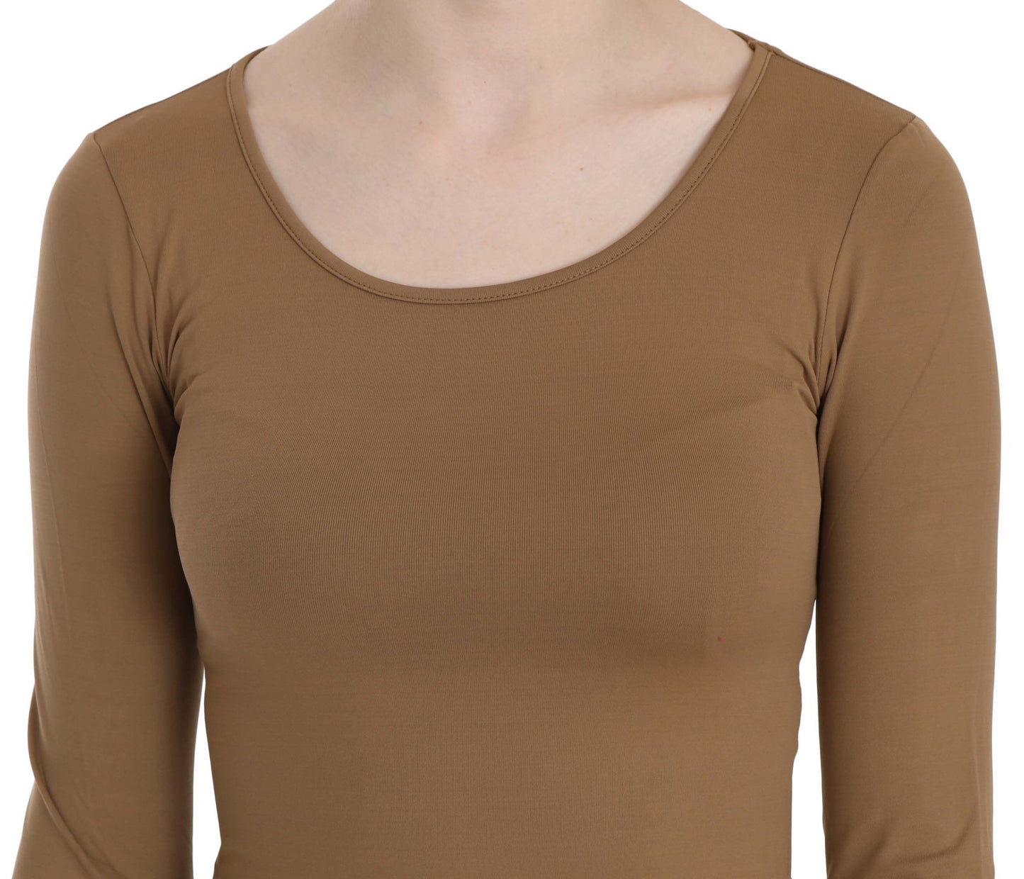 Blouse, chemisier, haut, top moulant à manches longues et col rond brun GF Ferre