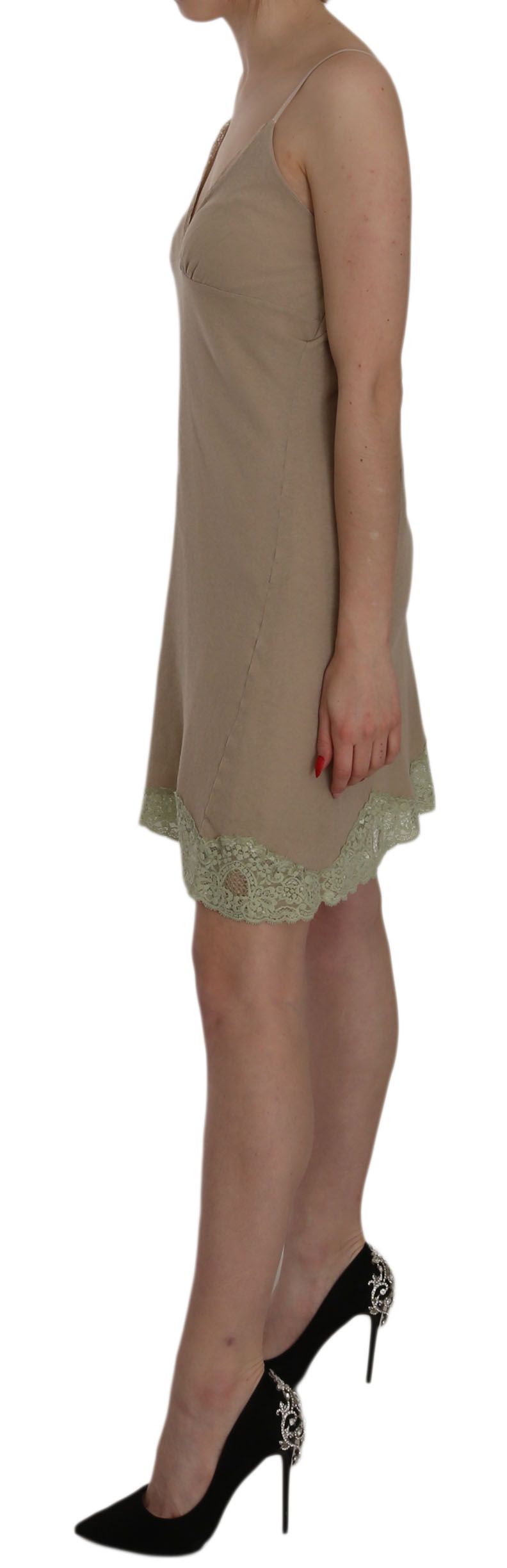 PINK MEMORIES Beige kantengebreide mini-jurk van katoen met spaghetti-bandjes