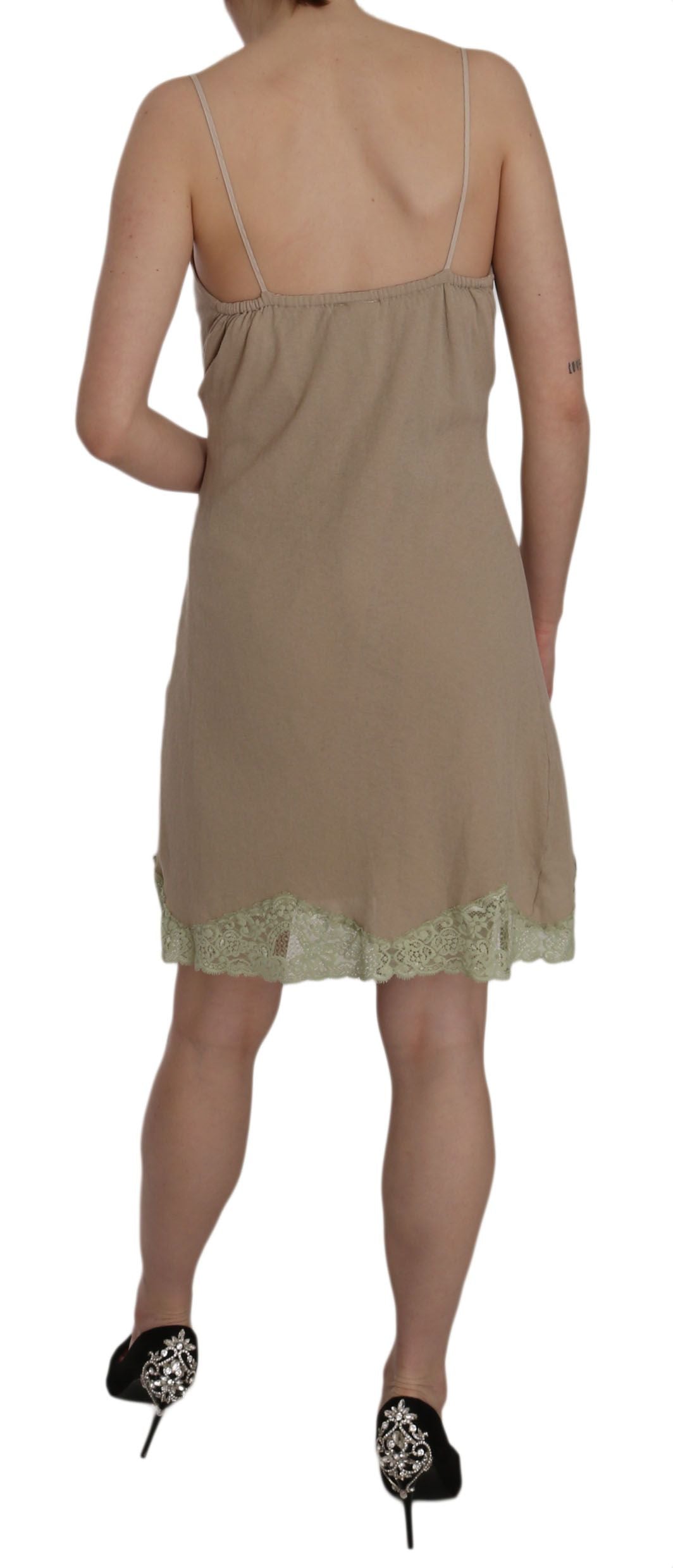 PINK MEMORIES Beige kantengebreide mini-jurk van katoen met spaghetti-bandjes