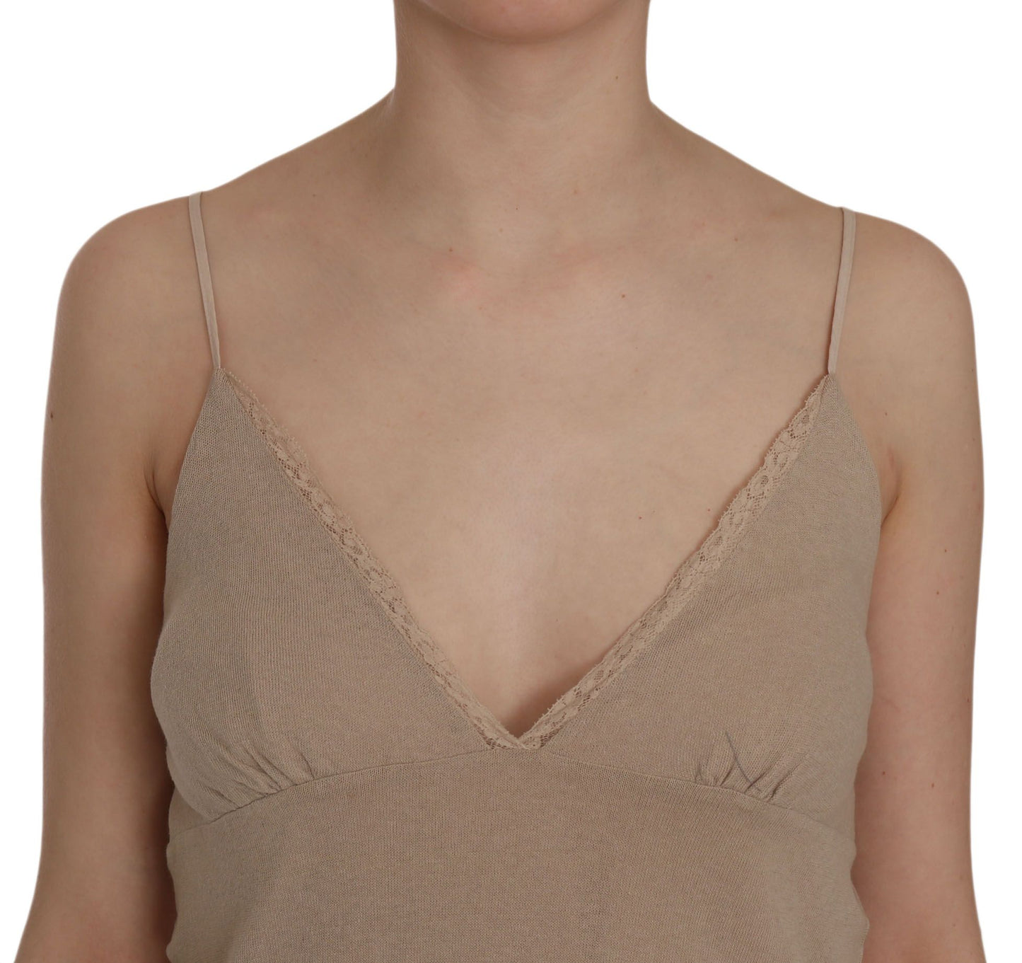 PINK MEMORIES Beige kantengebreide mini-jurk van katoen met spaghetti-bandjes