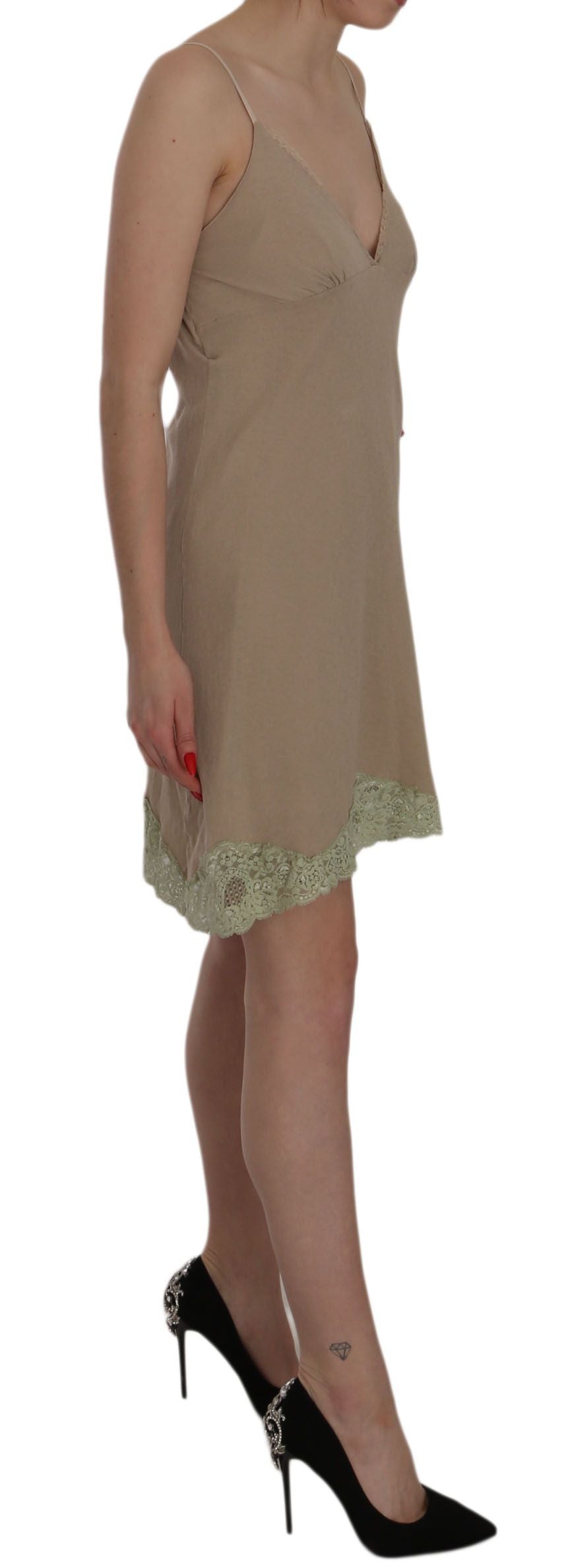 PINK MEMORIES Beige kantengebreide mini-jurk van katoen met spaghetti-bandjes