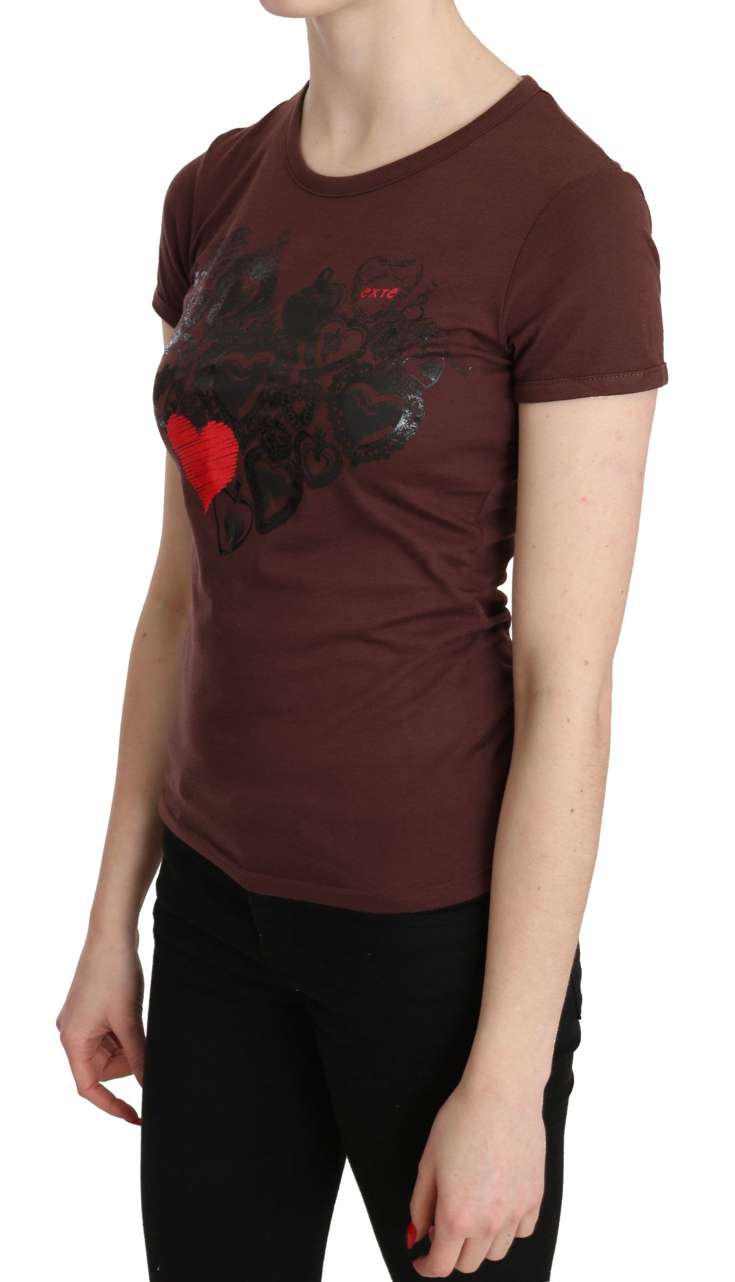 Exte T-shirt met ronde hals en hartjesprint in bruin.