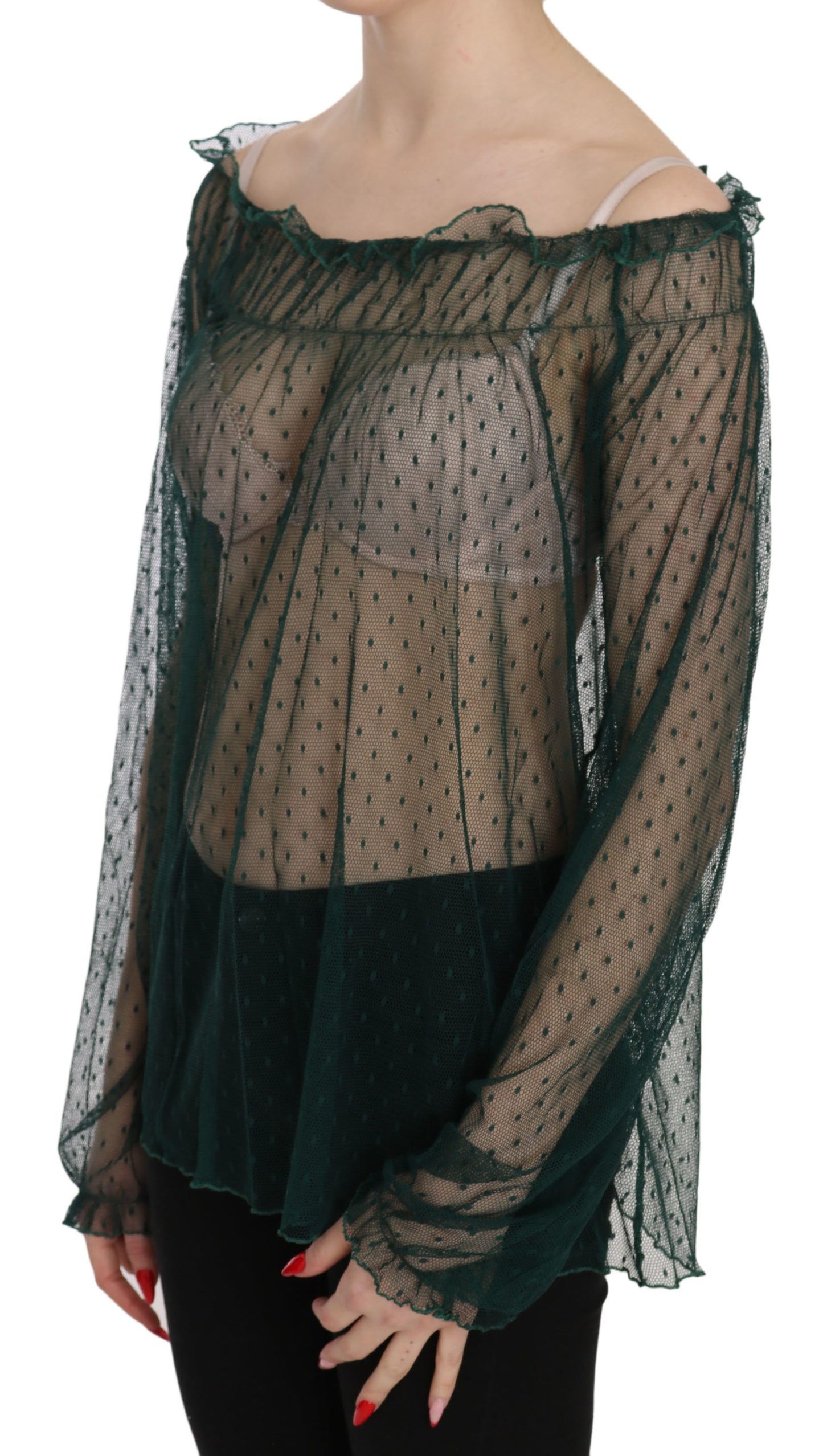PINK MEMORIES Haut/Blouse à manches longues en maille verte transparente