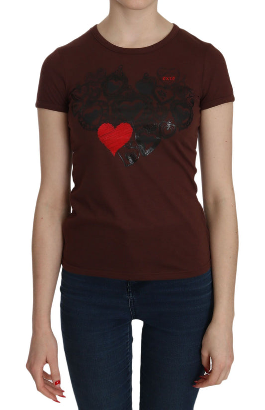 T-shirt à manches courtes pour femme, col rond, imprimé cœur brun, Exte.