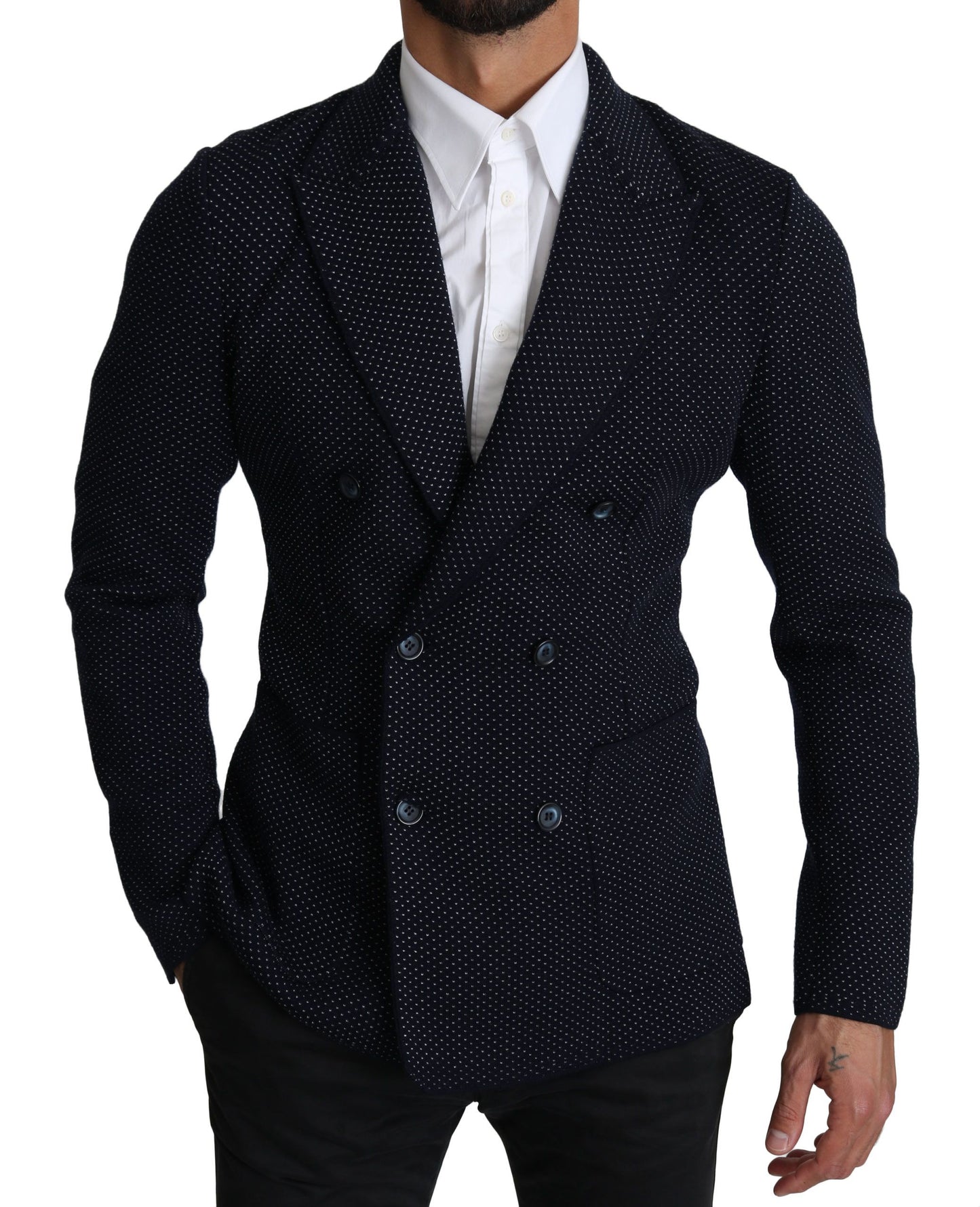 Dolce & Gabbana Blazer-manteau à double boutonnage bleu foncé à pois