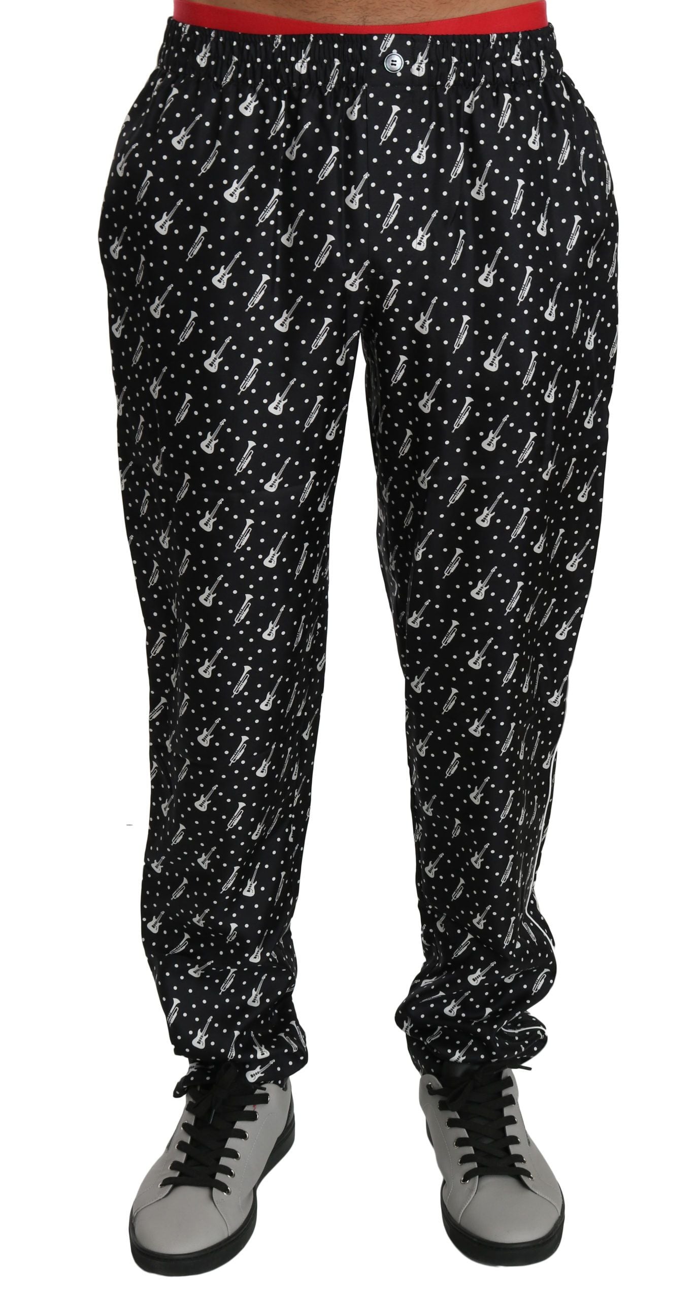 Pantalon en soie noir à motif d'instruments de musique de Dolce & Gabbana