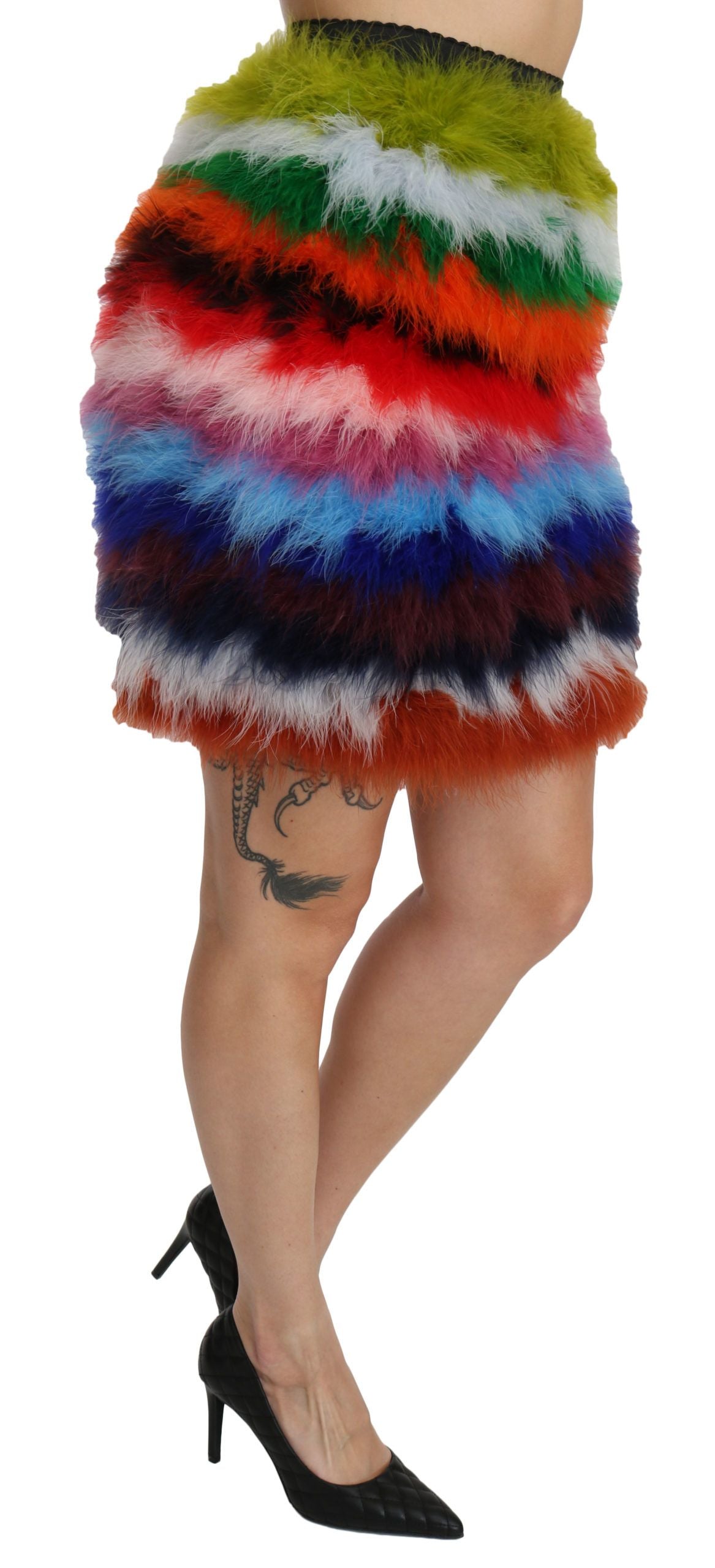 Jupe mini en plumes à taille haute rouge et bleue de Dolce & Gabbana
