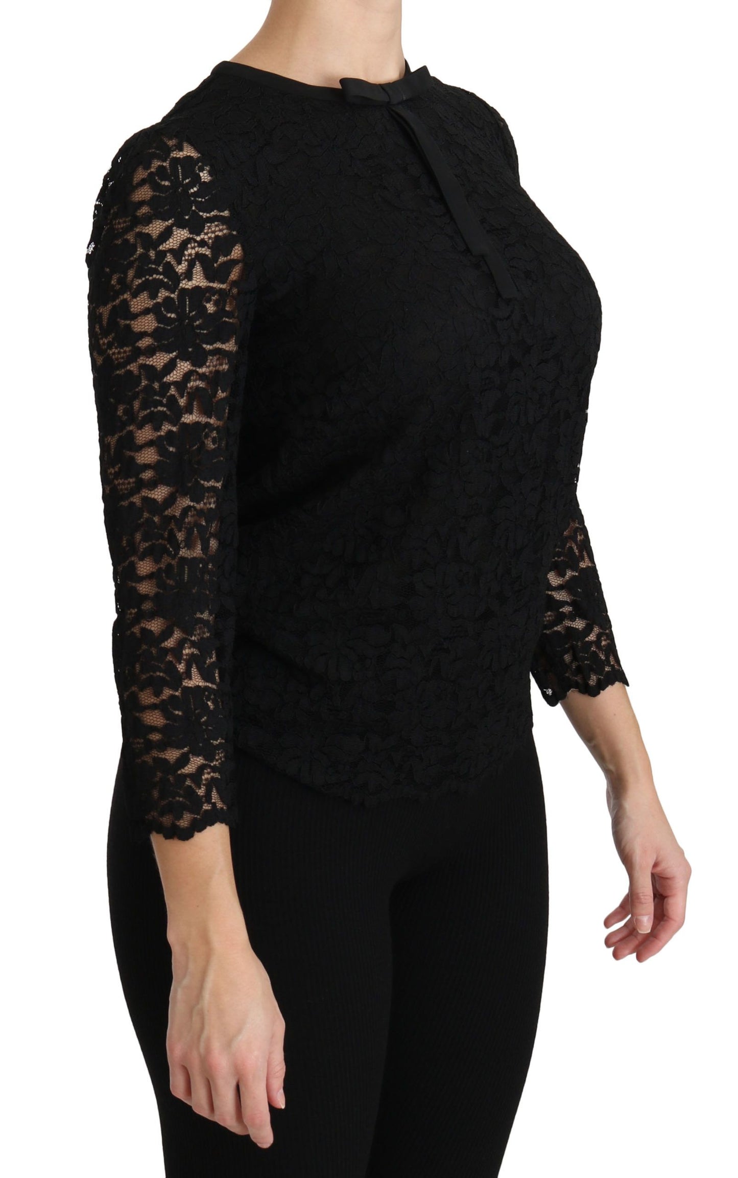 Blouse en nylon à manches longues en dentelle noire de Dolce & Gabbana