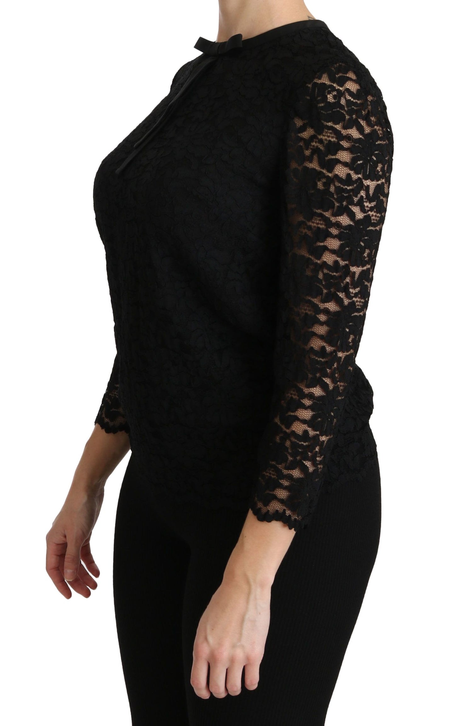 Blouse en nylon à manches longues en dentelle noire de Dolce & Gabbana