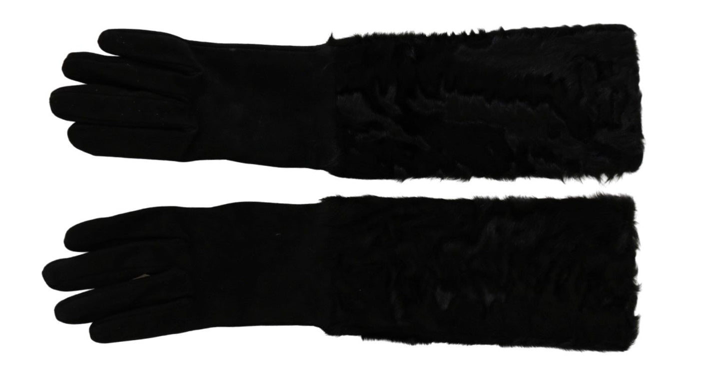 Dolce & Gabbana Zwarte Ellebooglange Wanten Suède Bont Handschoenen