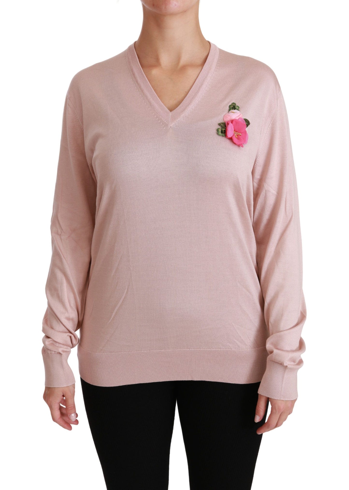 Pull en soie rose à motifs floraux et ornements de Dolce & Gabbana