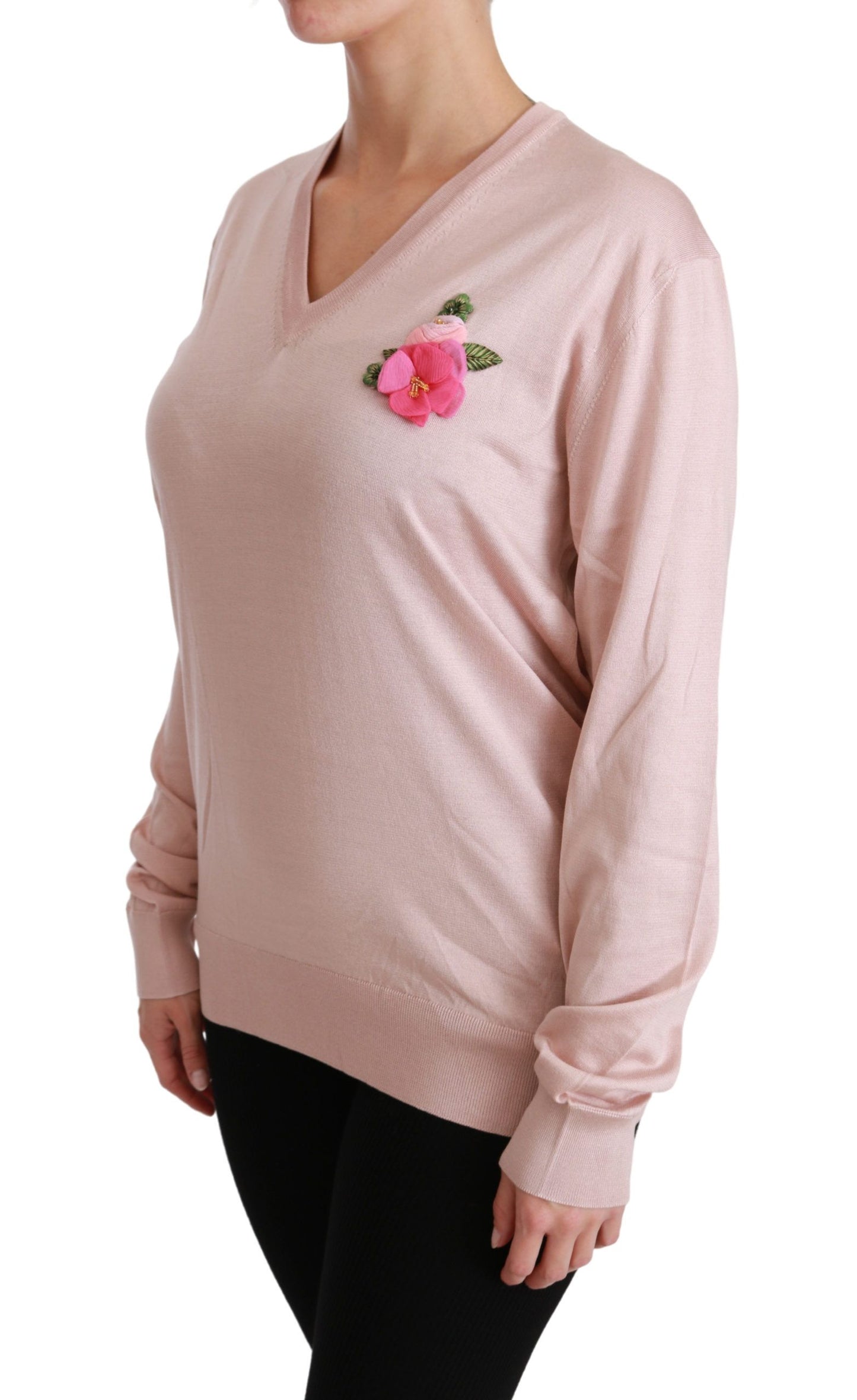 Pull en soie rose à motifs floraux et ornements de Dolce & Gabbana