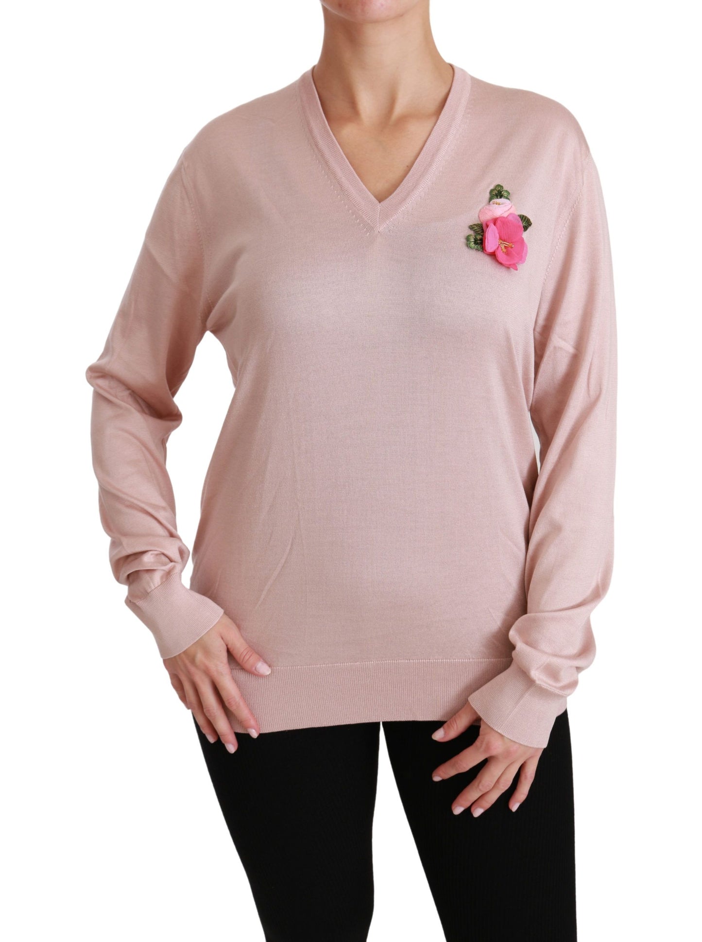 Pull en soie rose à motifs floraux et ornements de Dolce & Gabbana