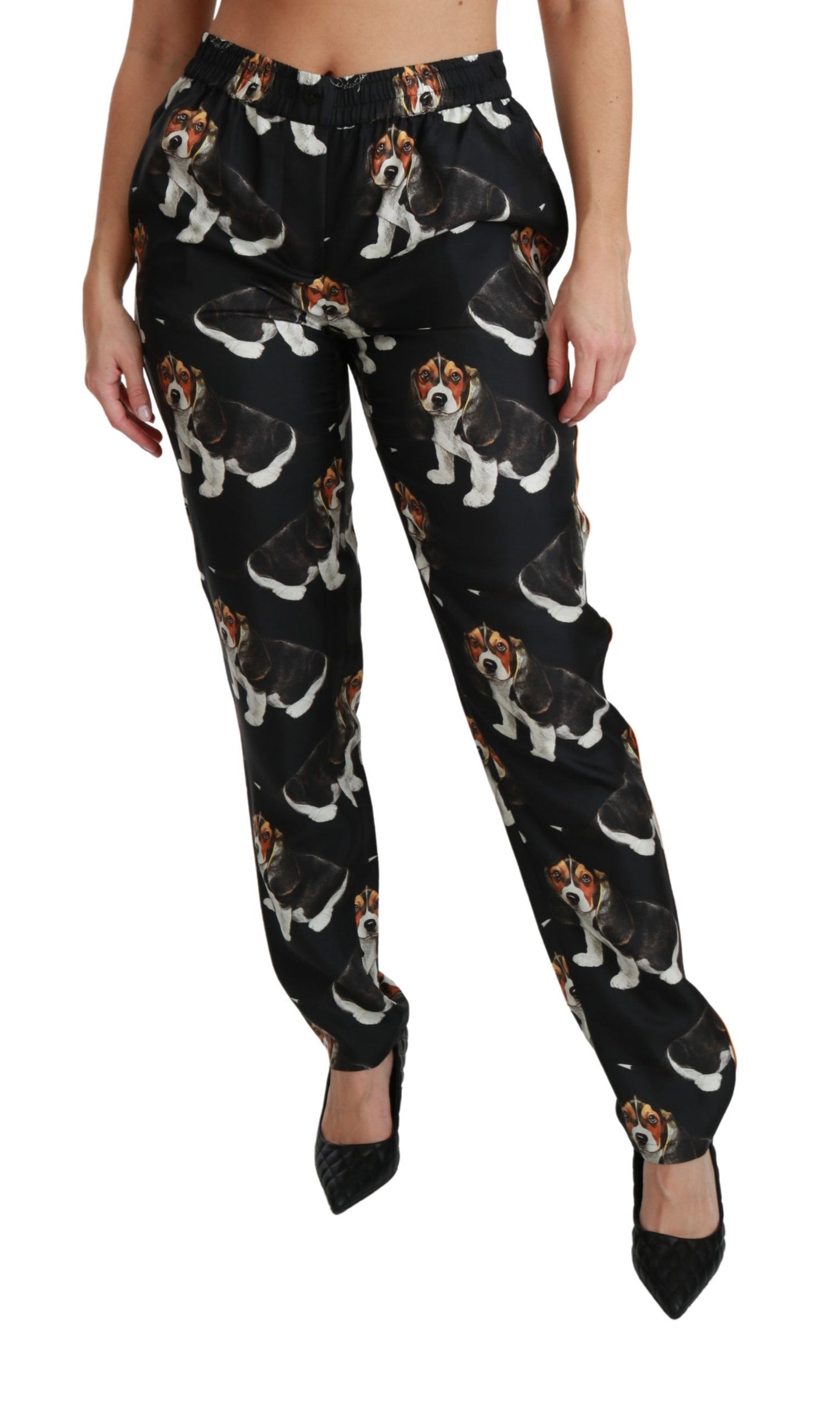 Pantalon en soie noir à taille mi-hauteur, coupe skinny, motif "Puppy Dog" de Dolce & Gabbana.