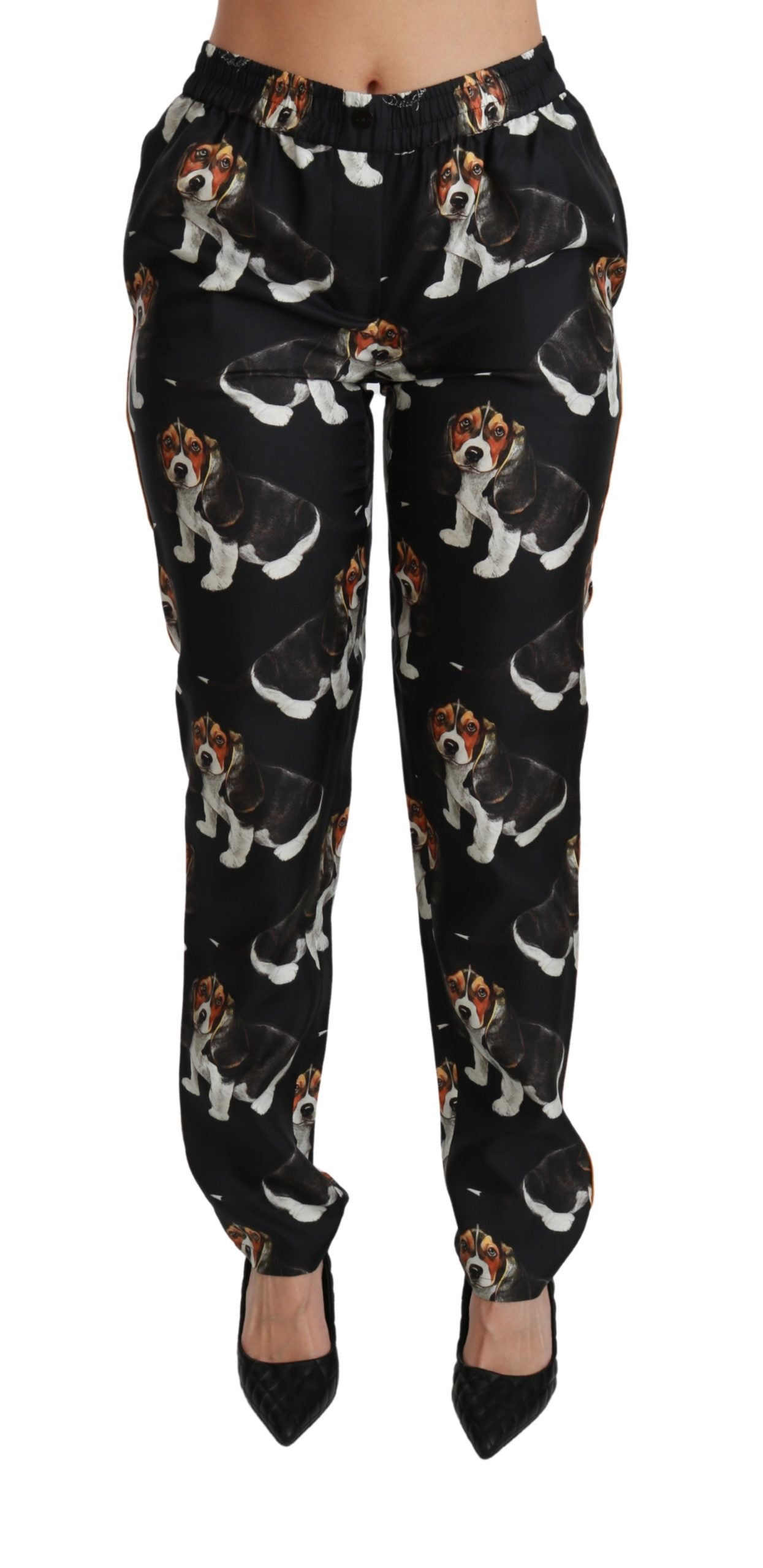 Pantalon en soie noir à taille mi-hauteur, coupe skinny, motif "Puppy Dog" de Dolce & Gabbana.