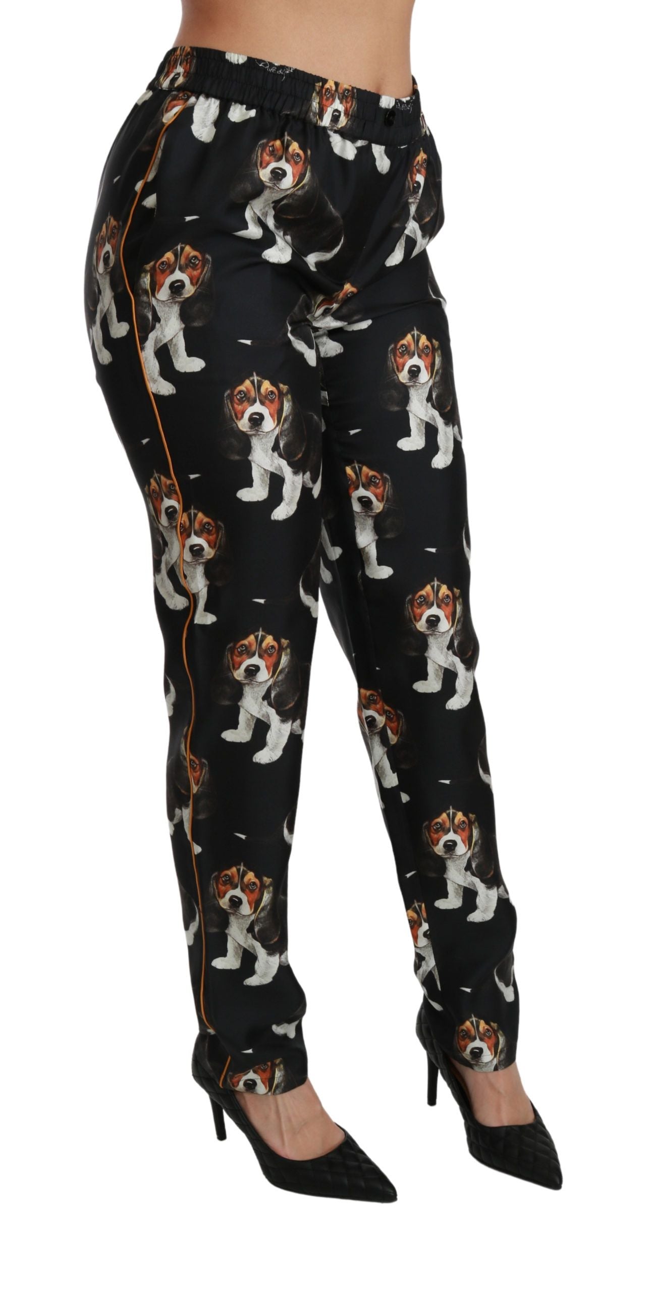 Pantalon en soie noir à taille mi-hauteur, coupe skinny, motif "Puppy Dog" de Dolce & Gabbana.