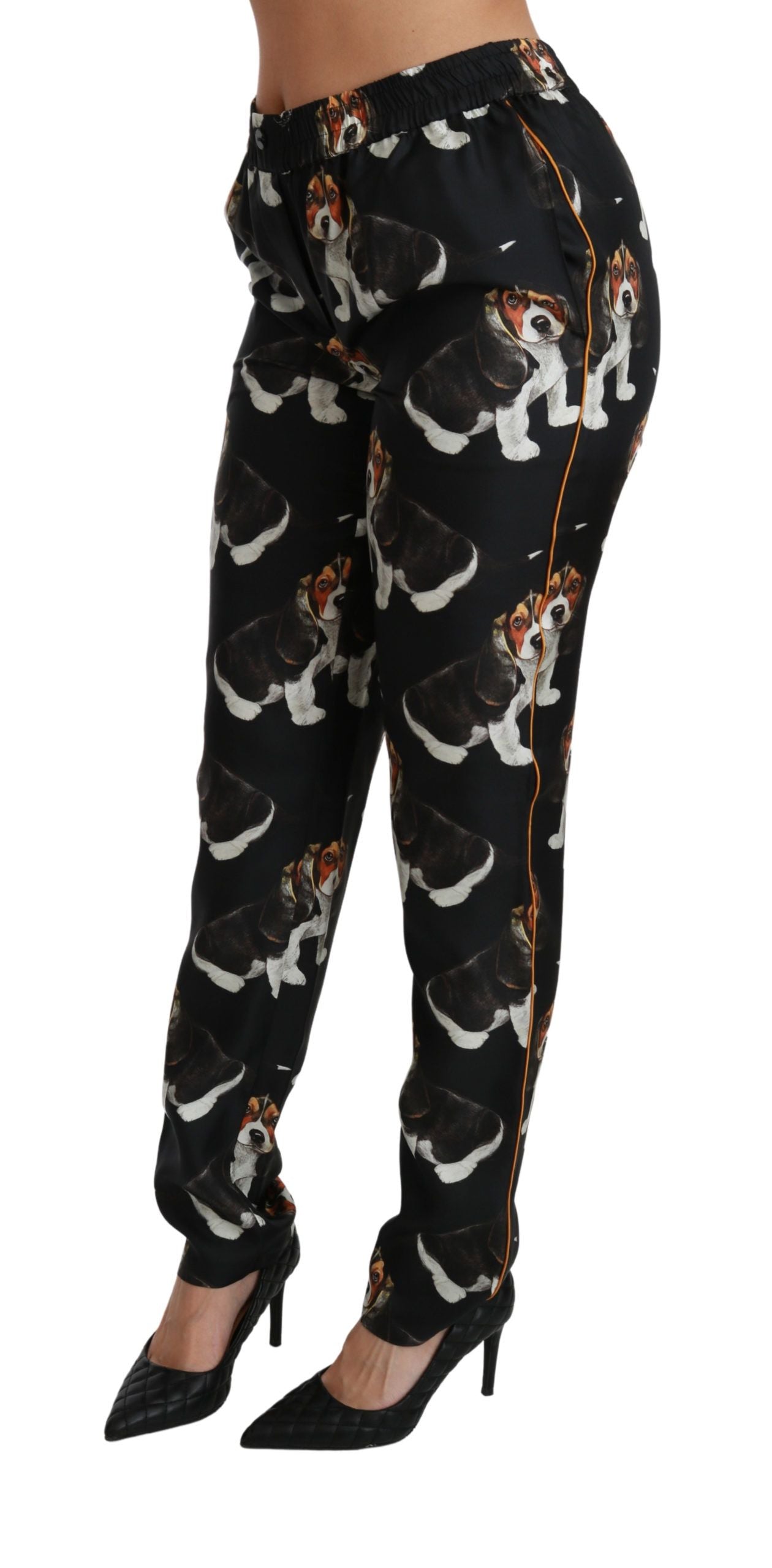 Pantalon en soie noir à taille mi-hauteur, coupe skinny, motif "Puppy Dog" de Dolce & Gabbana.