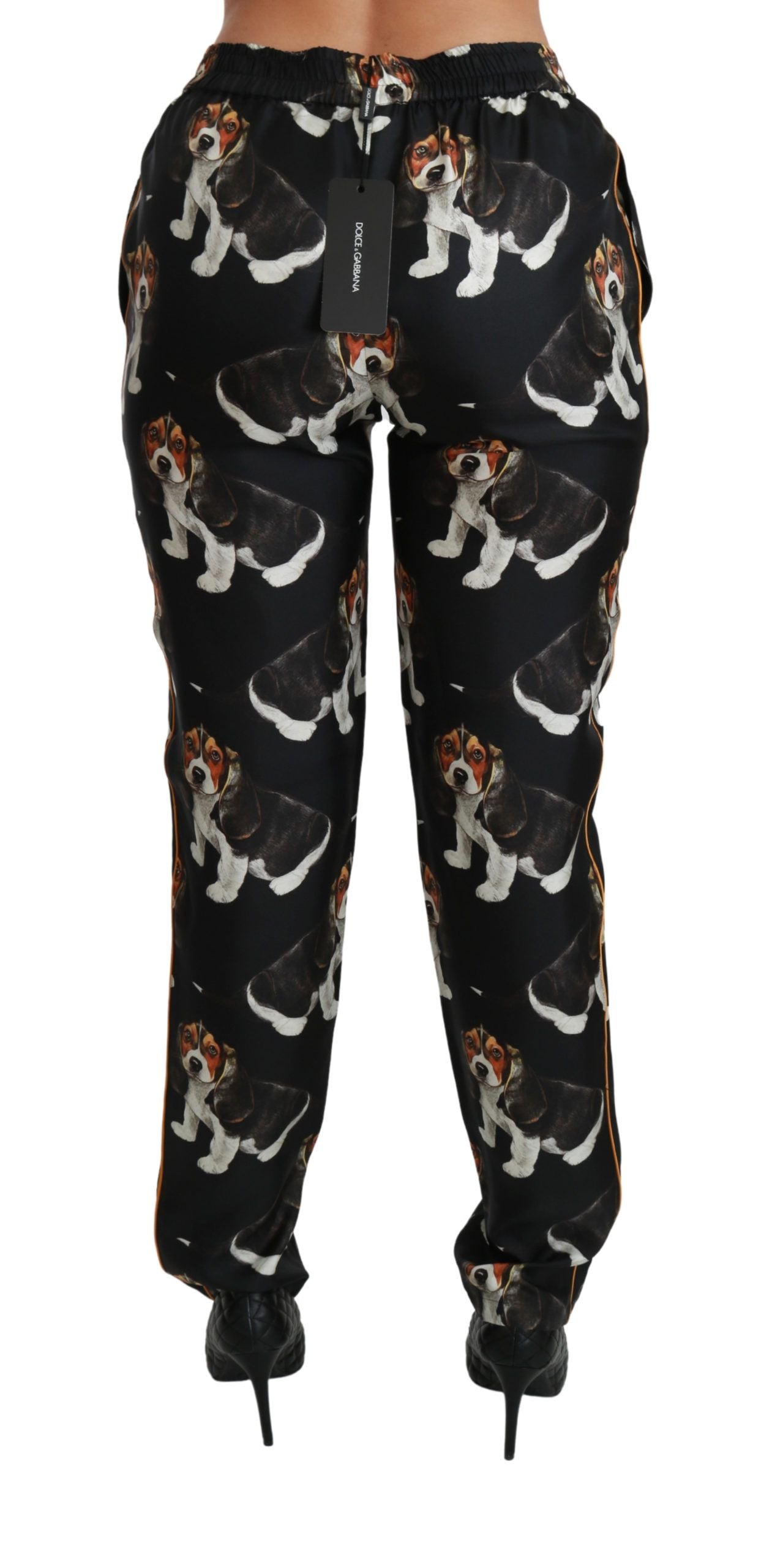 Pantalon en soie noir à taille mi-hauteur, coupe skinny, motif "Puppy Dog" de Dolce & Gabbana.