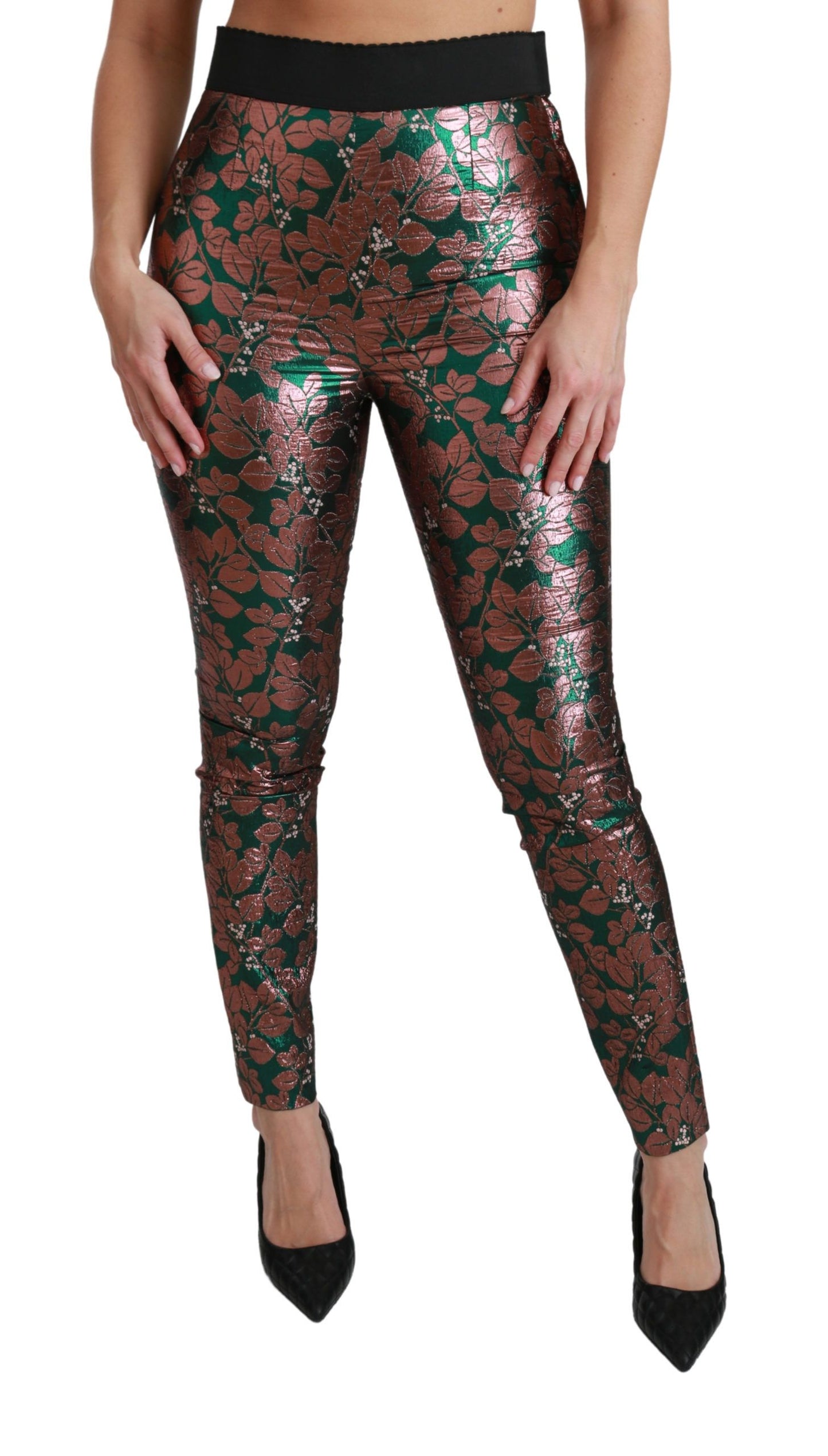 Leggings skinny Dolce & Gabbana, vert bronze, motif feuilles.