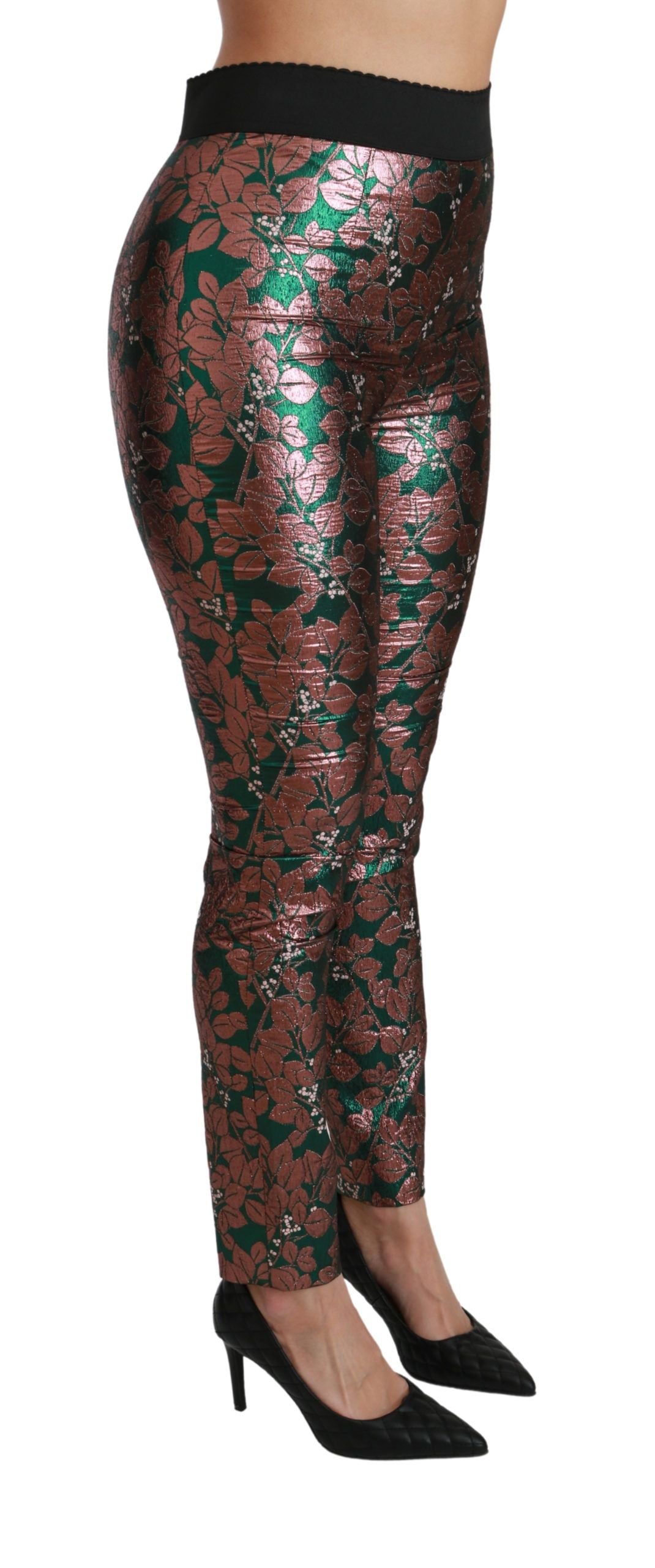 Leggings skinny Dolce & Gabbana, vert bronze, motif feuilles.