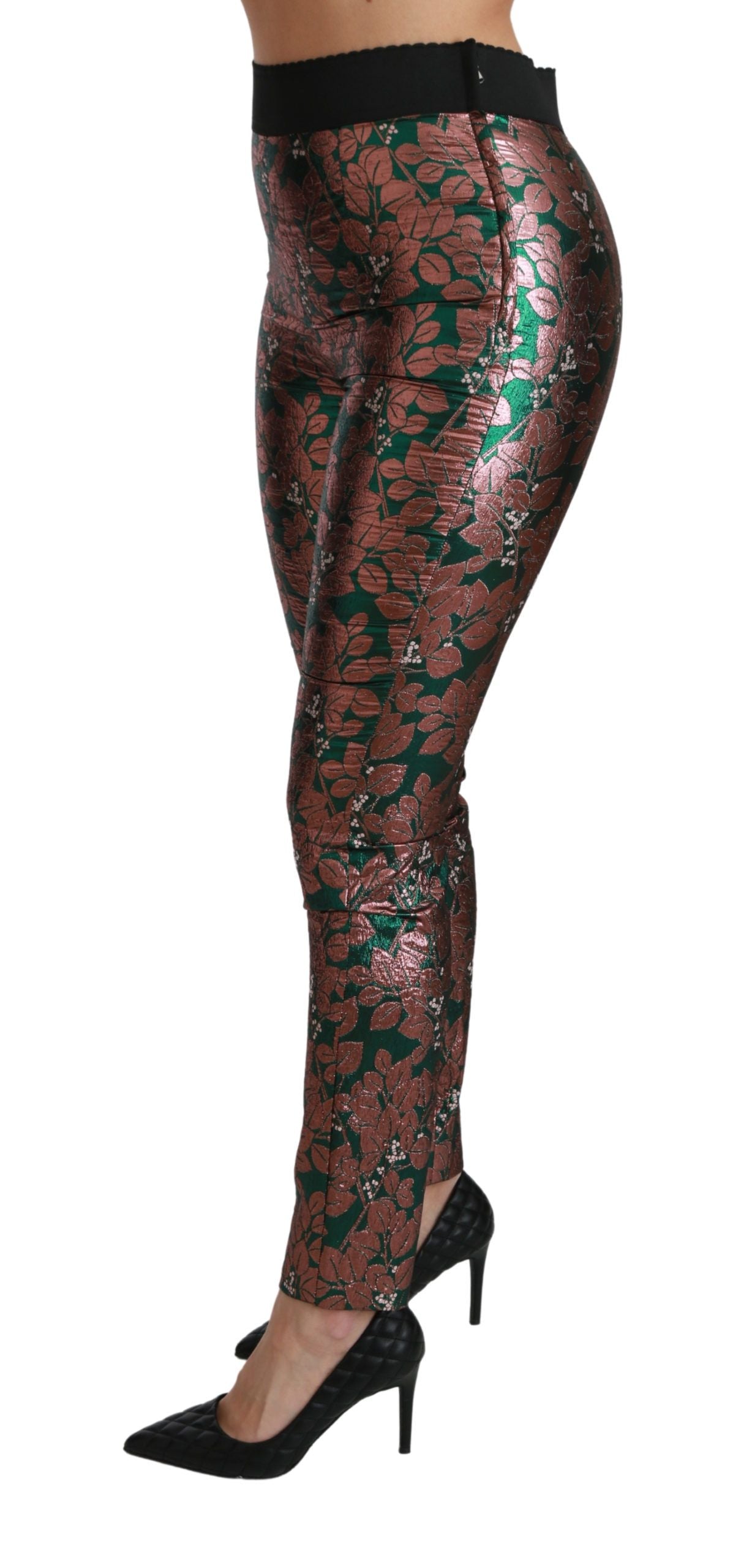 Leggings skinny Dolce & Gabbana, vert bronze, motif feuilles.