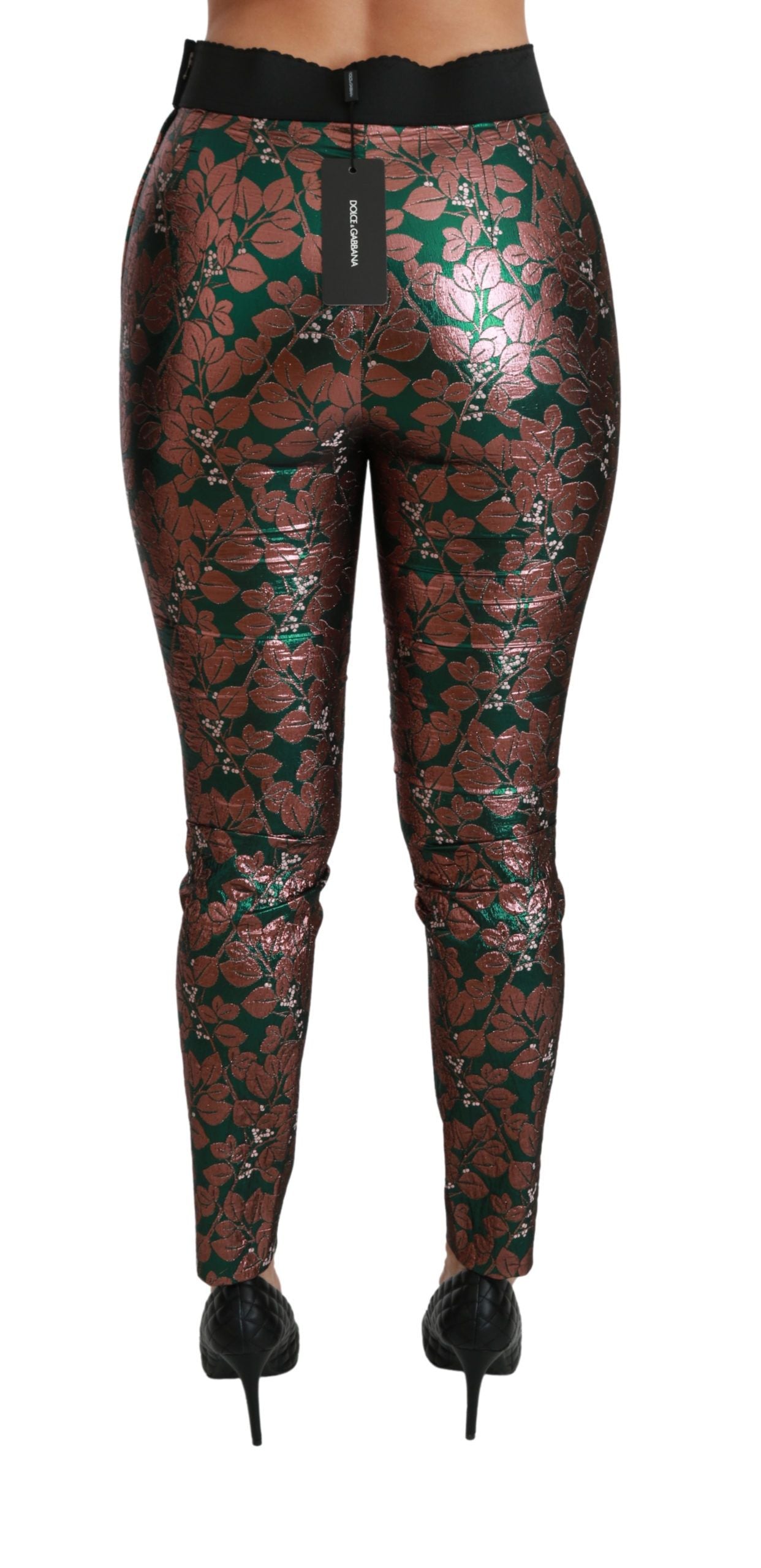 Leggings skinny Dolce & Gabbana, vert bronze, motif feuilles.