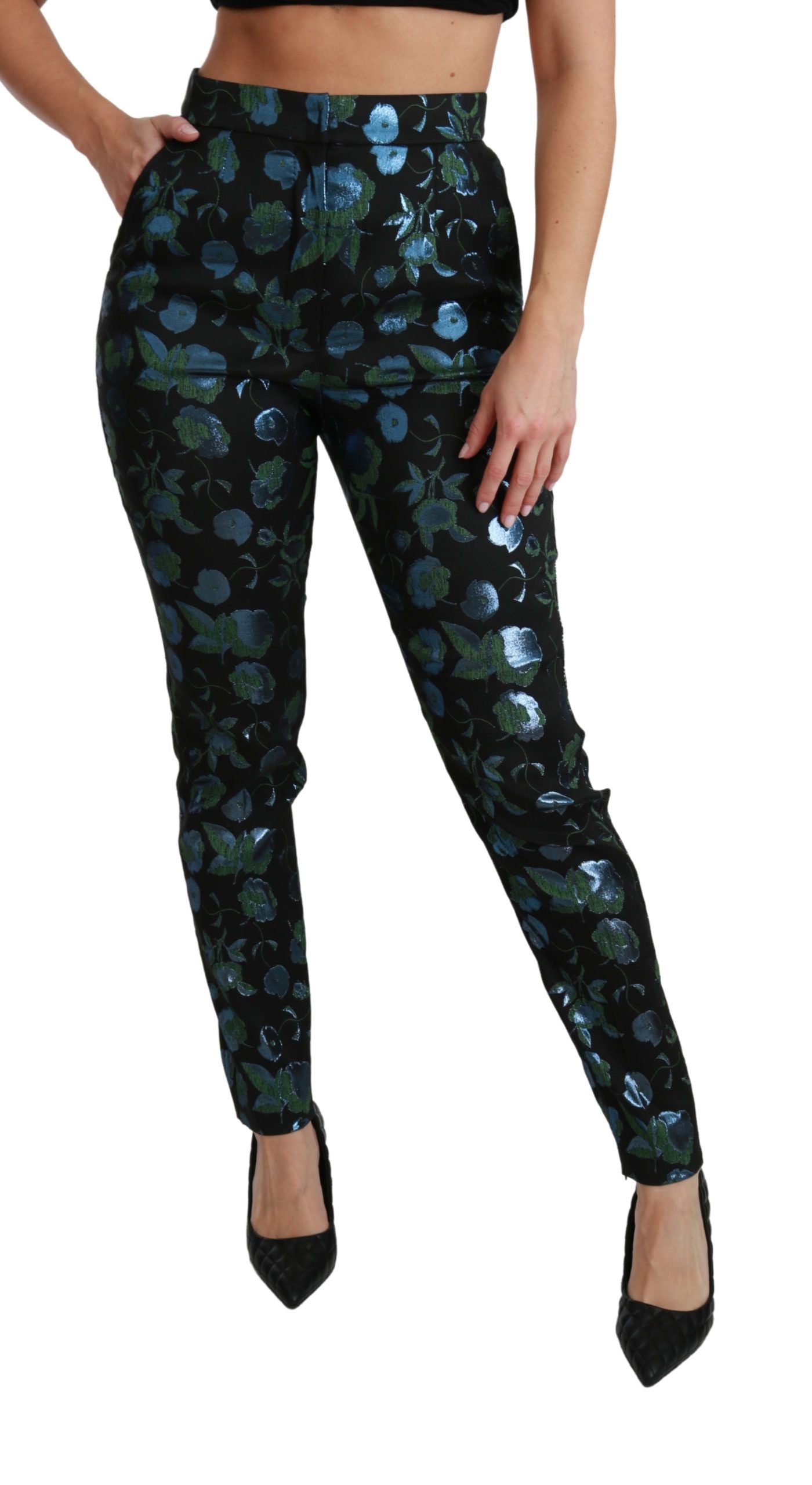 Pantalon slim bleu vert à motifs floraux métalliques Dolce & Gabbana