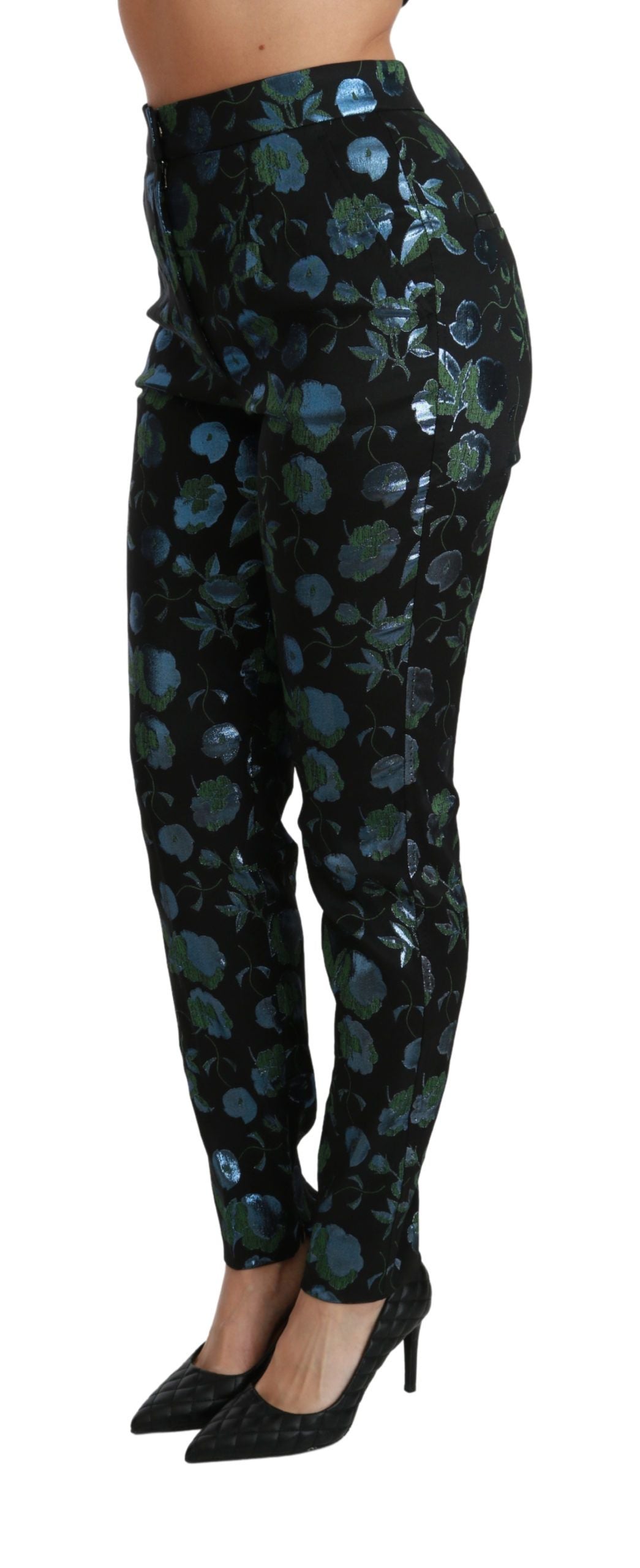 Pantalon slim bleu vert à motifs floraux métalliques Dolce & Gabbana