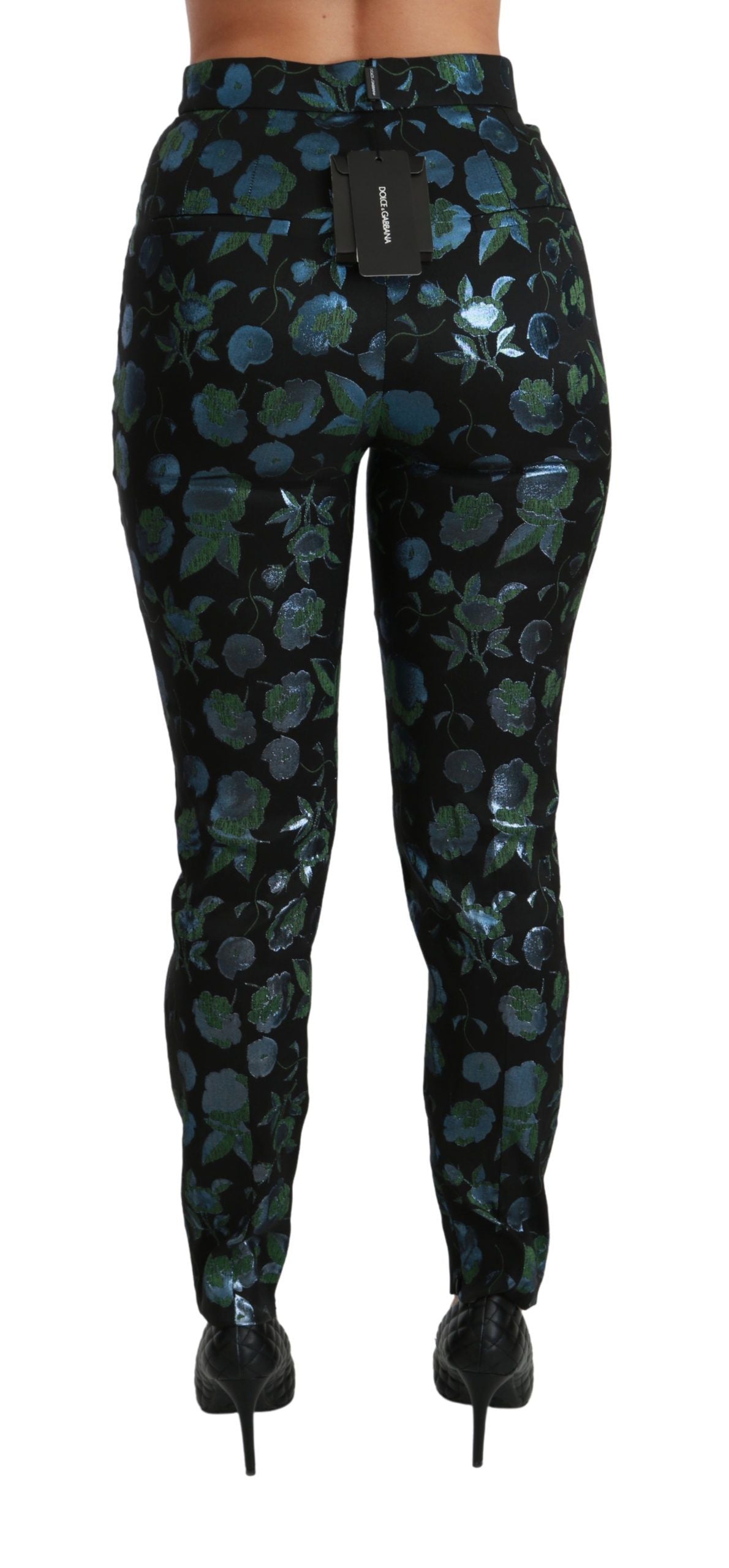 Pantalon slim bleu vert à motifs floraux métalliques Dolce & Gabbana