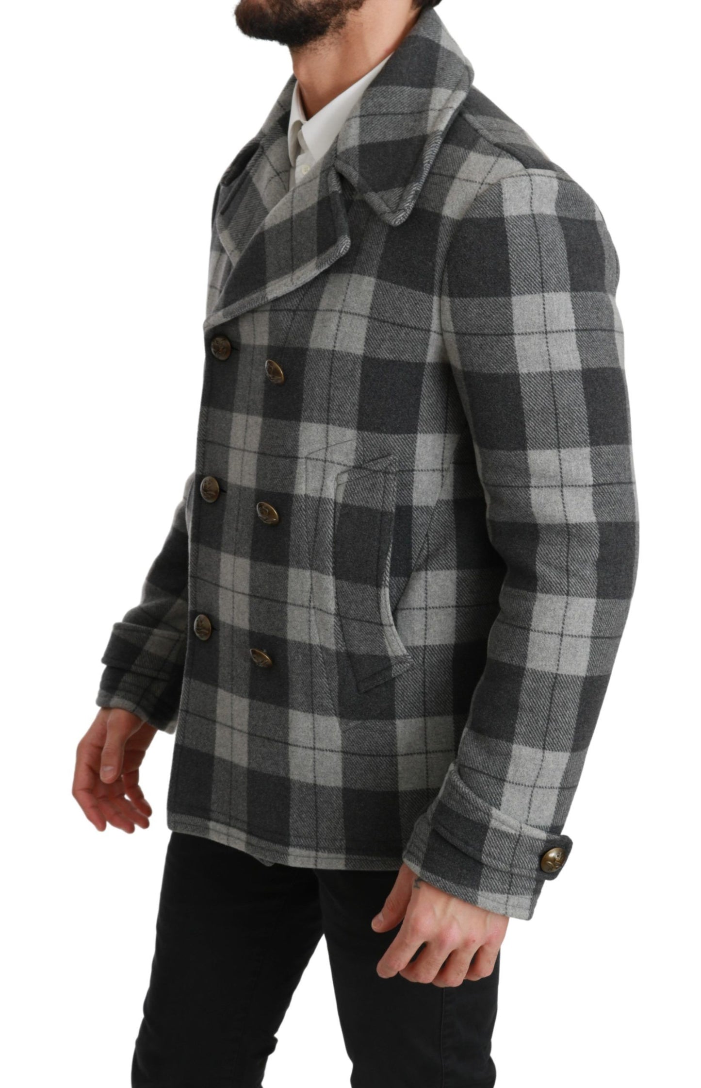 Dolce & Gabbana, manteau-veste en laine et cachemire à carreaux gris.
