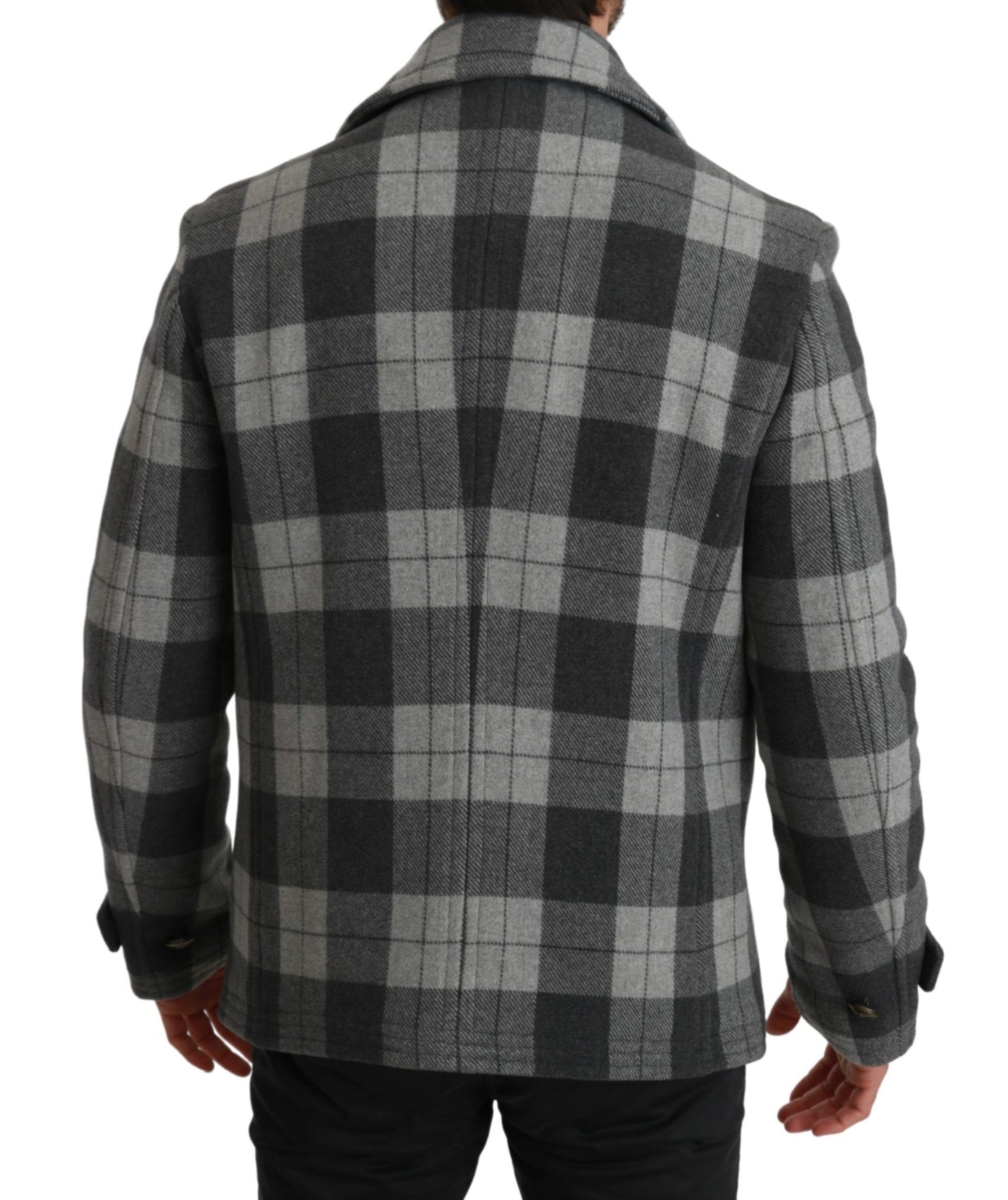 Dolce & Gabbana, manteau-veste en laine et cachemire à carreaux gris.