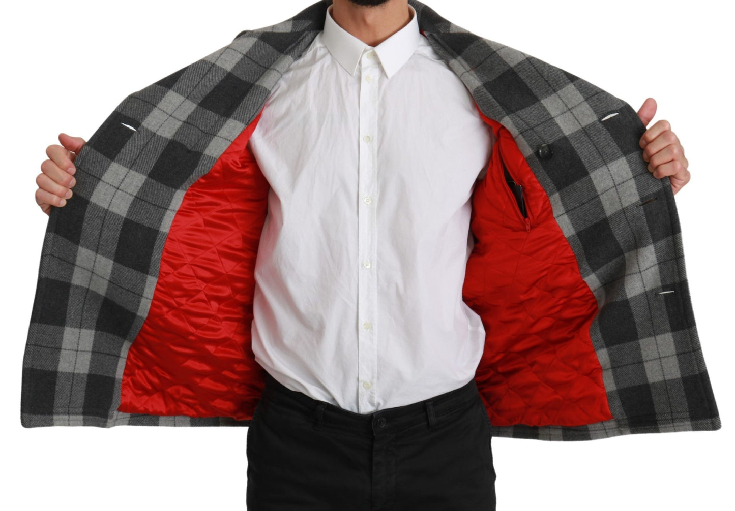 Dolce & Gabbana, manteau-veste en laine et cachemire à carreaux gris.