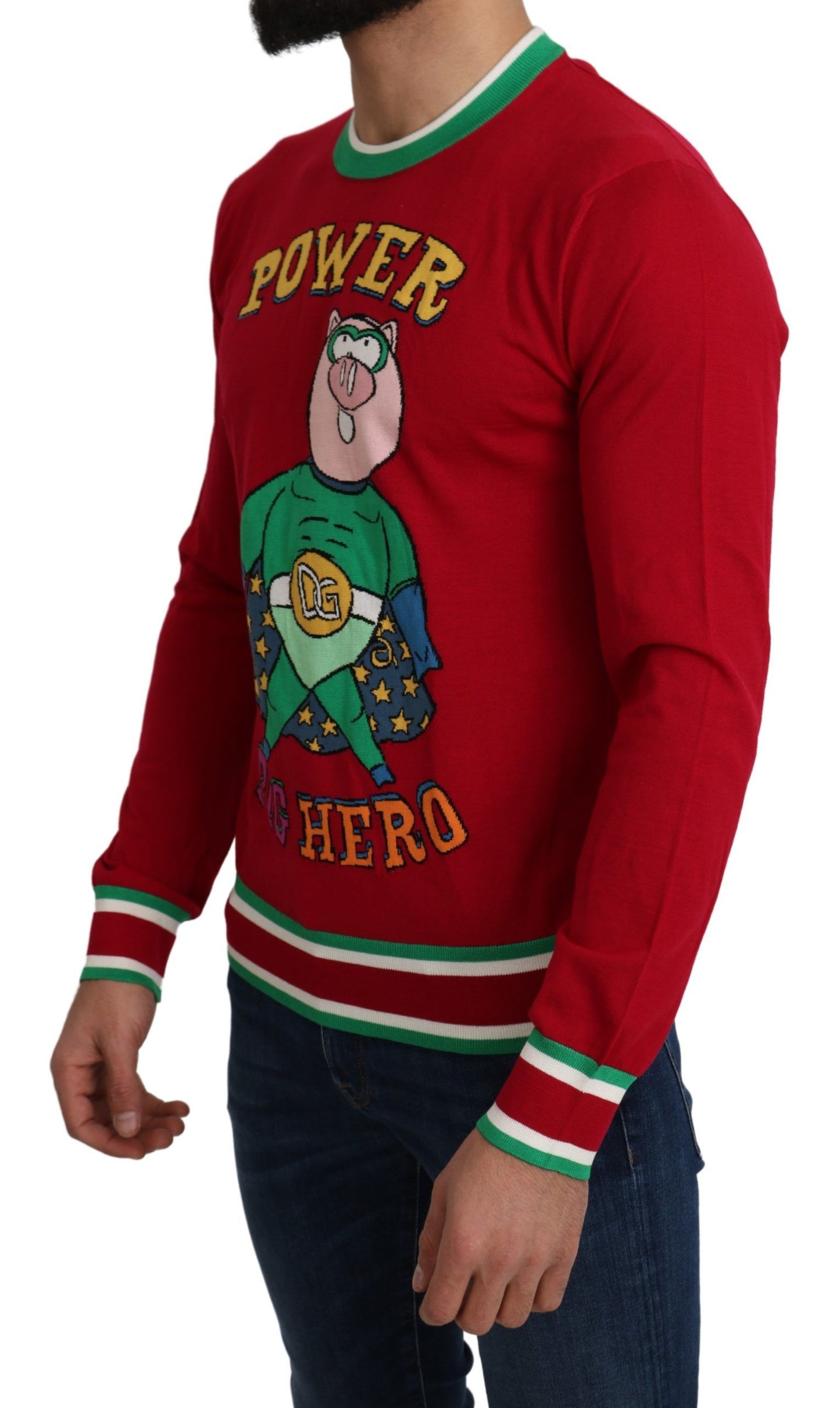 Pull en laine et soie rouge Dolce & Gabbana représentant le cochon de l'année