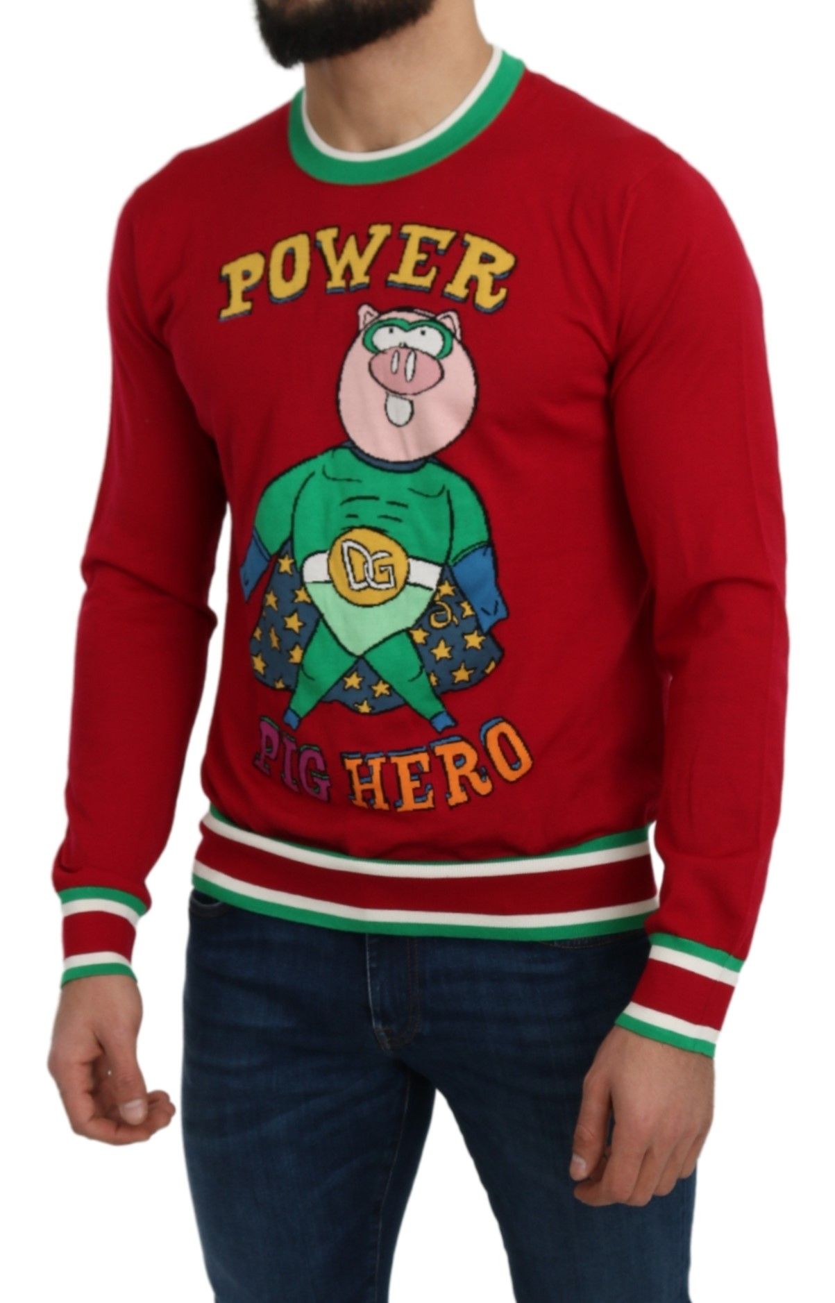 Pull en laine et soie rouge Dolce & Gabbana représentant le cochon de l'année