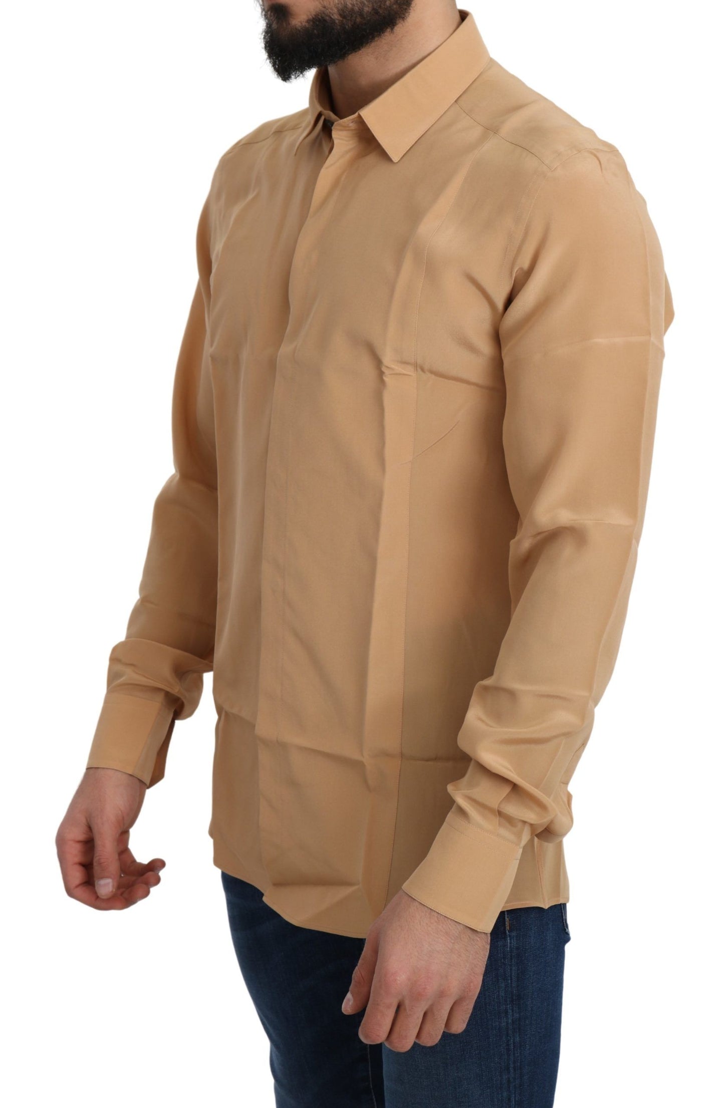 Chemise à manches courtes dorée en soie 100% jaune de Dolce & Gabbana, coupe slim.