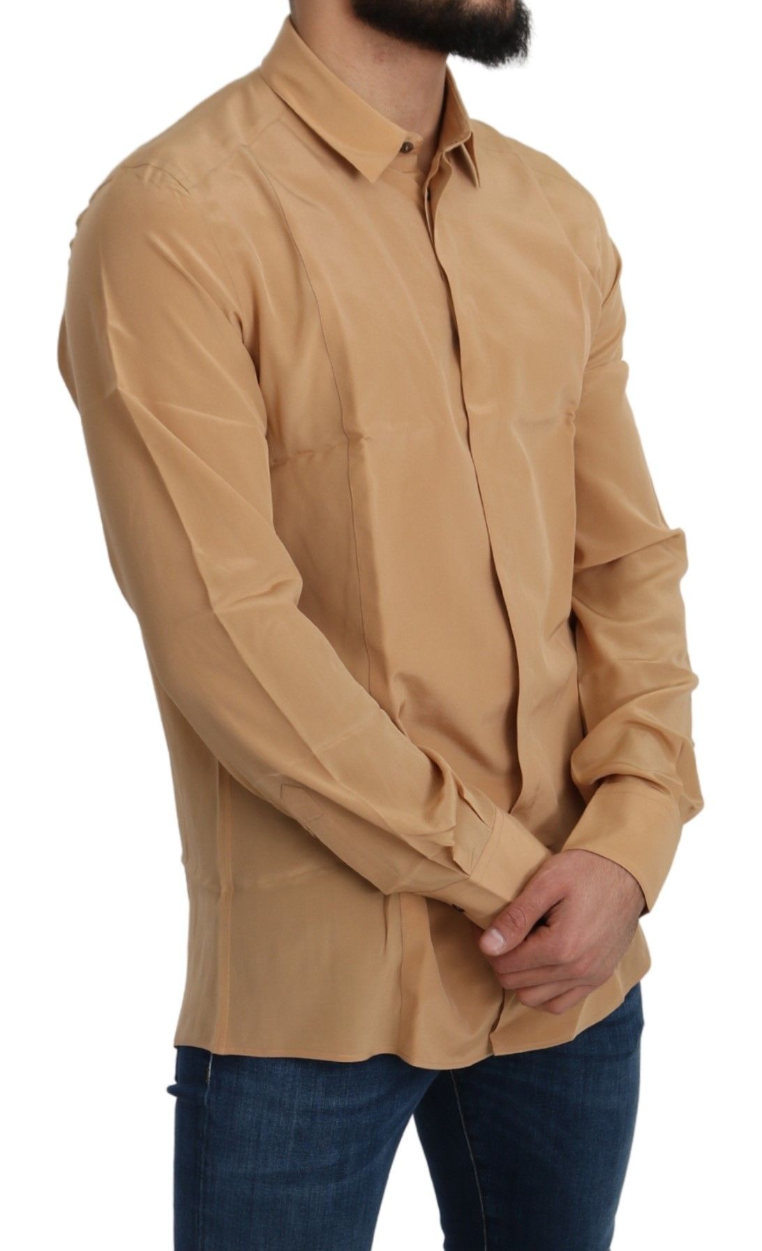 Chemise à manches courtes dorée en soie 100% jaune de Dolce & Gabbana, coupe slim.