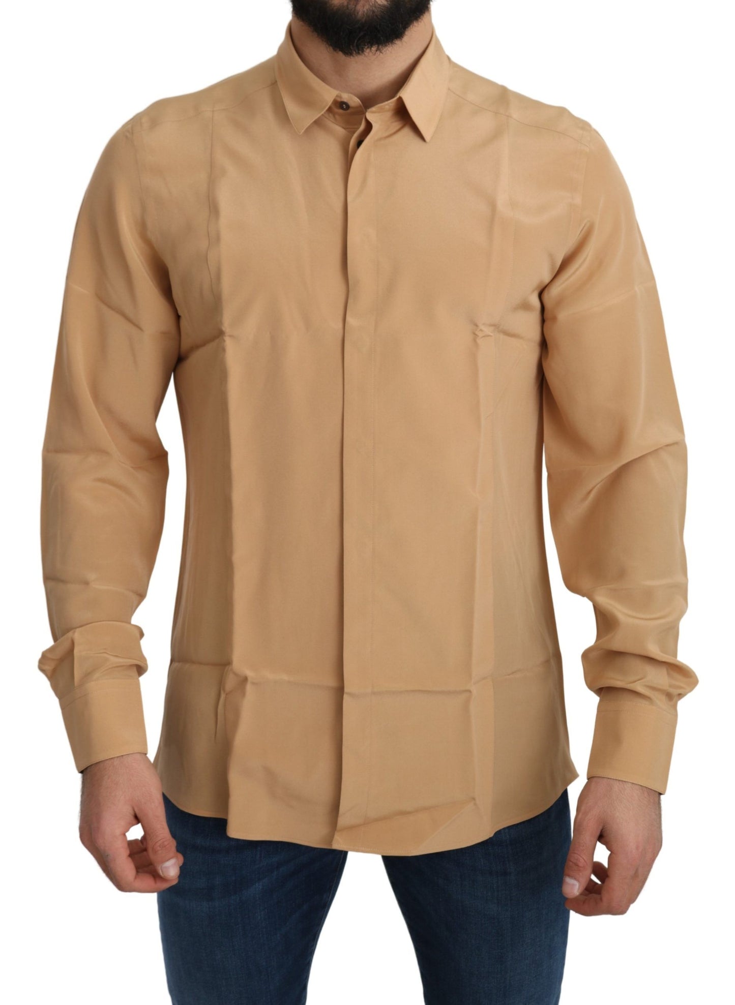 Chemise à manches courtes dorée en soie 100% jaune de Dolce & Gabbana, coupe slim.