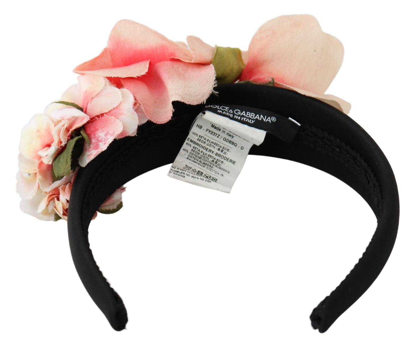 Bandeau à fleurs noires en soie rose Dolce & Gabbana avec logo diadème