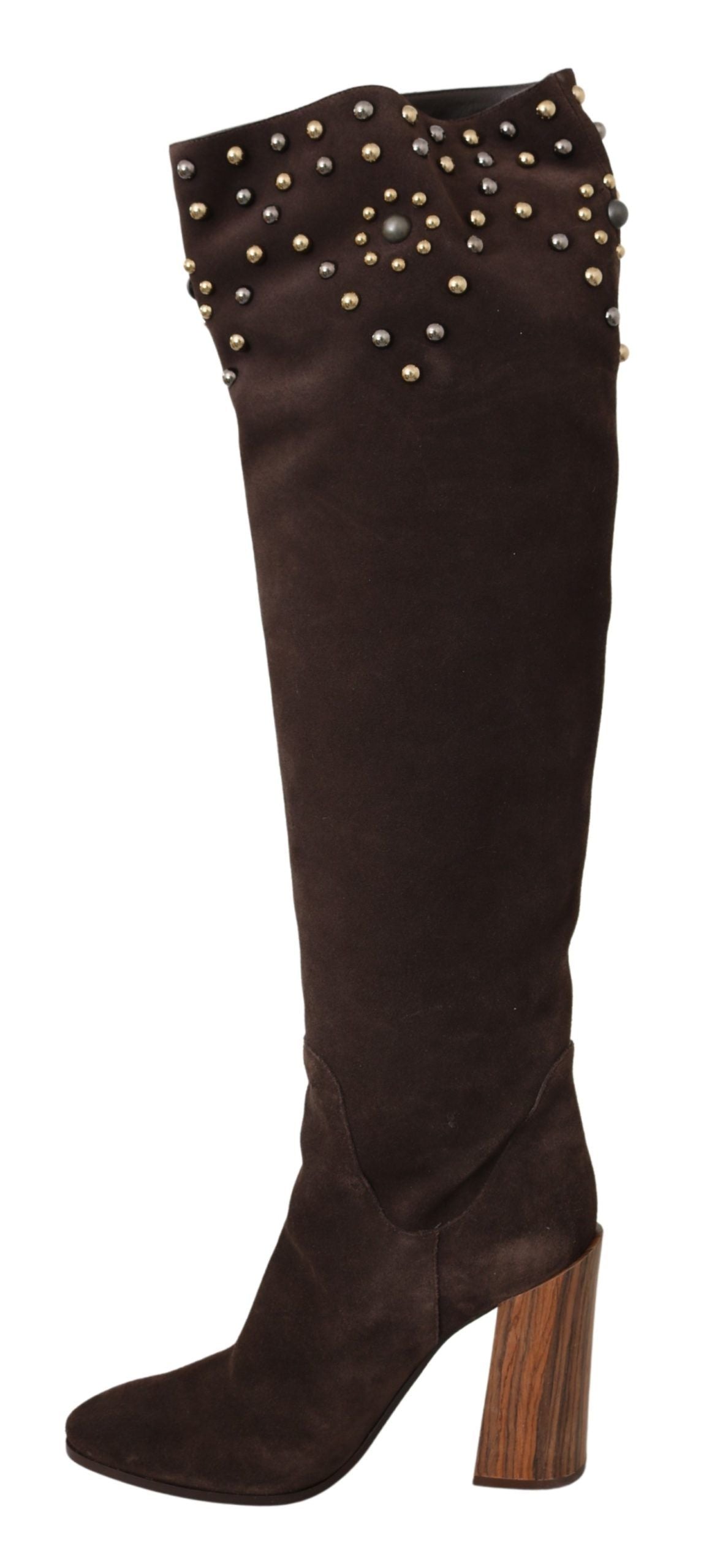 Bottines hautes au genou en daim marron à clous de Dolce & Gabbana