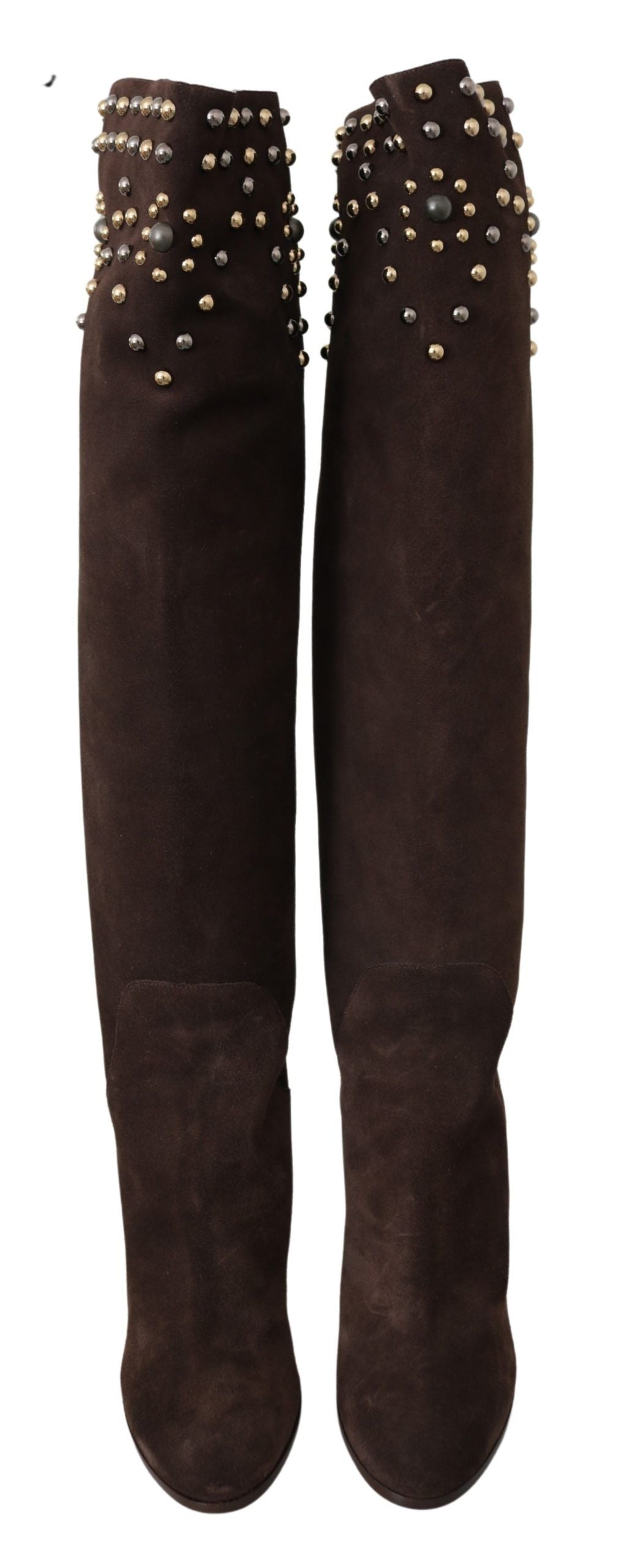 Bottines hautes au genou en daim marron à clous de Dolce & Gabbana