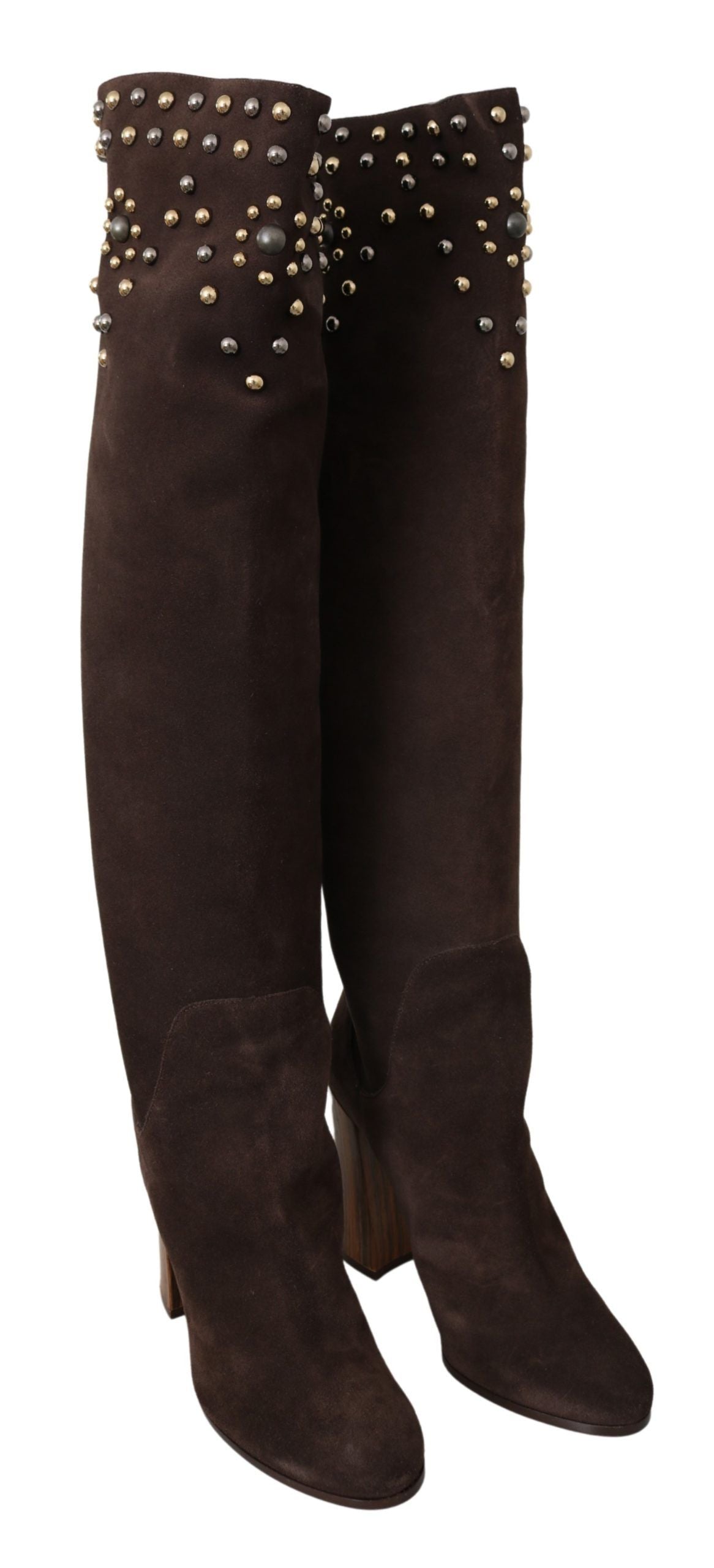 Bottines hautes au genou en daim marron à clous de Dolce & Gabbana